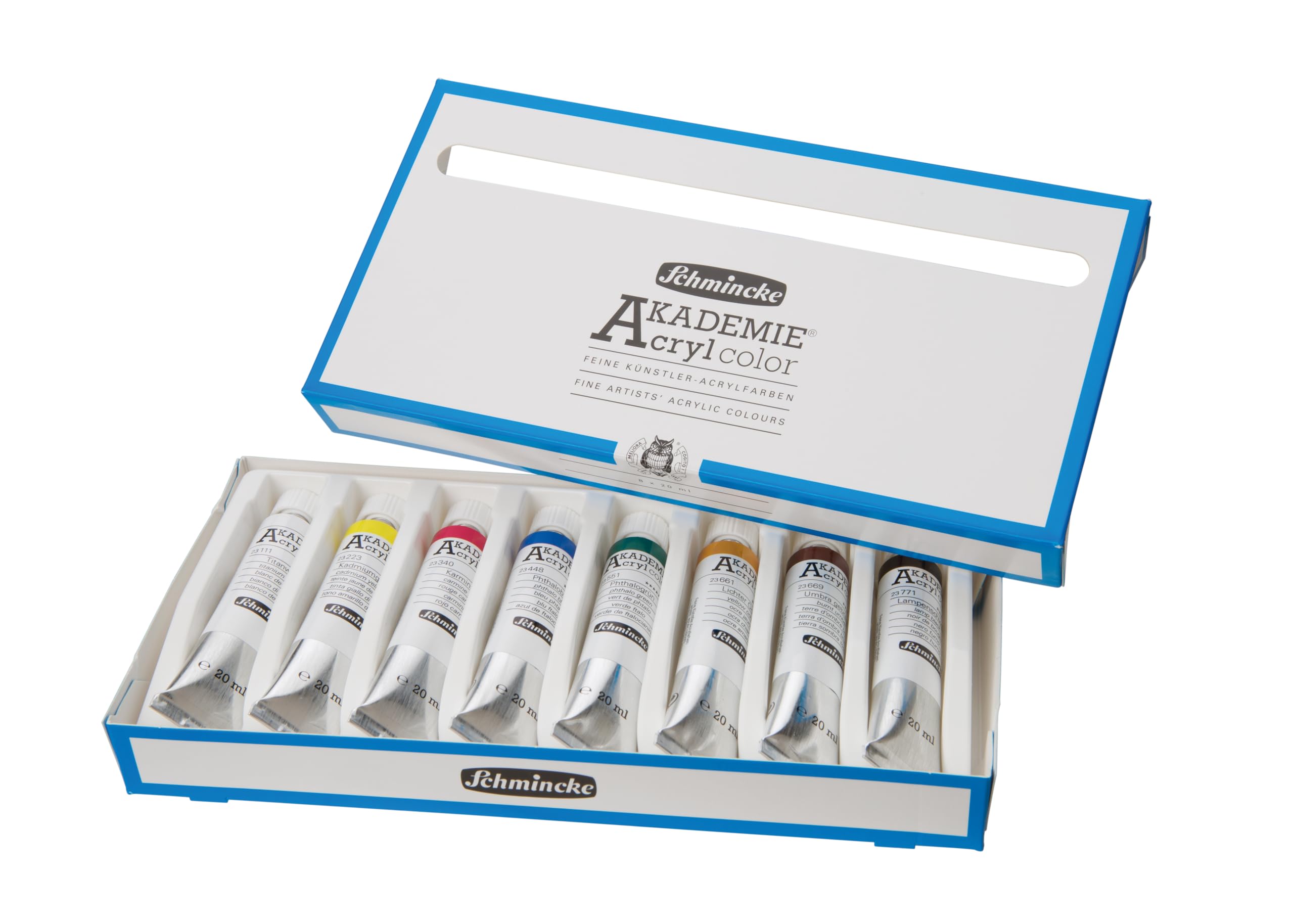 Schmincke – AKADEMIE Acryl, Grundsortiment 8 x 20 ml-Tuben, 76 008 097, Kartonset, brillante, farbstarke, hoch lichtechte Farbtöne, kadmiumfrei, feine Künstler-Acrylfarben