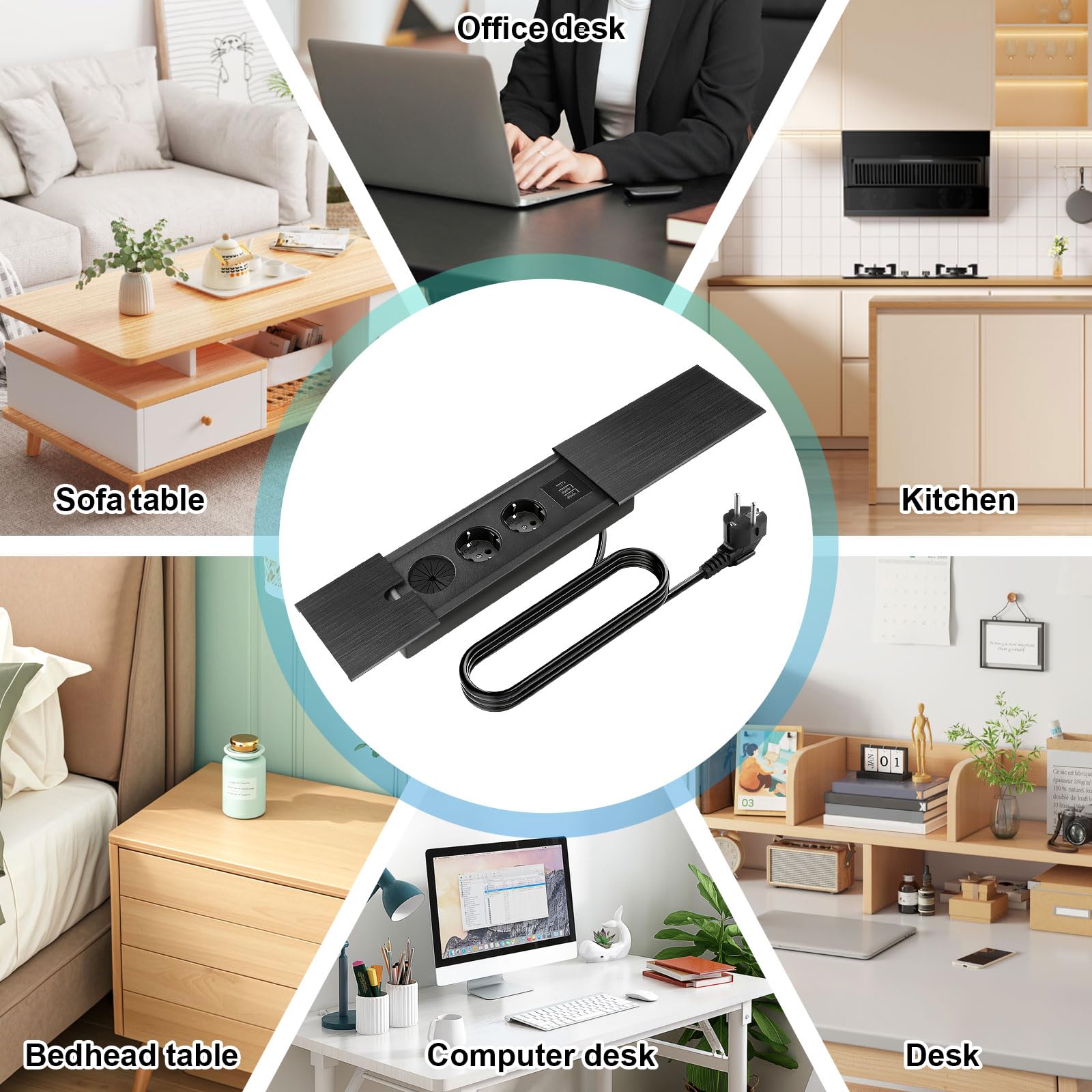 Regleta de enchufes empotrable, 2 enchufes con USB C y tapa deslizante, enchufe de mesa, enchufe empotrado, para escritorio, cocina, oficina, mesa de sofá, mesa de conferencias, color negro