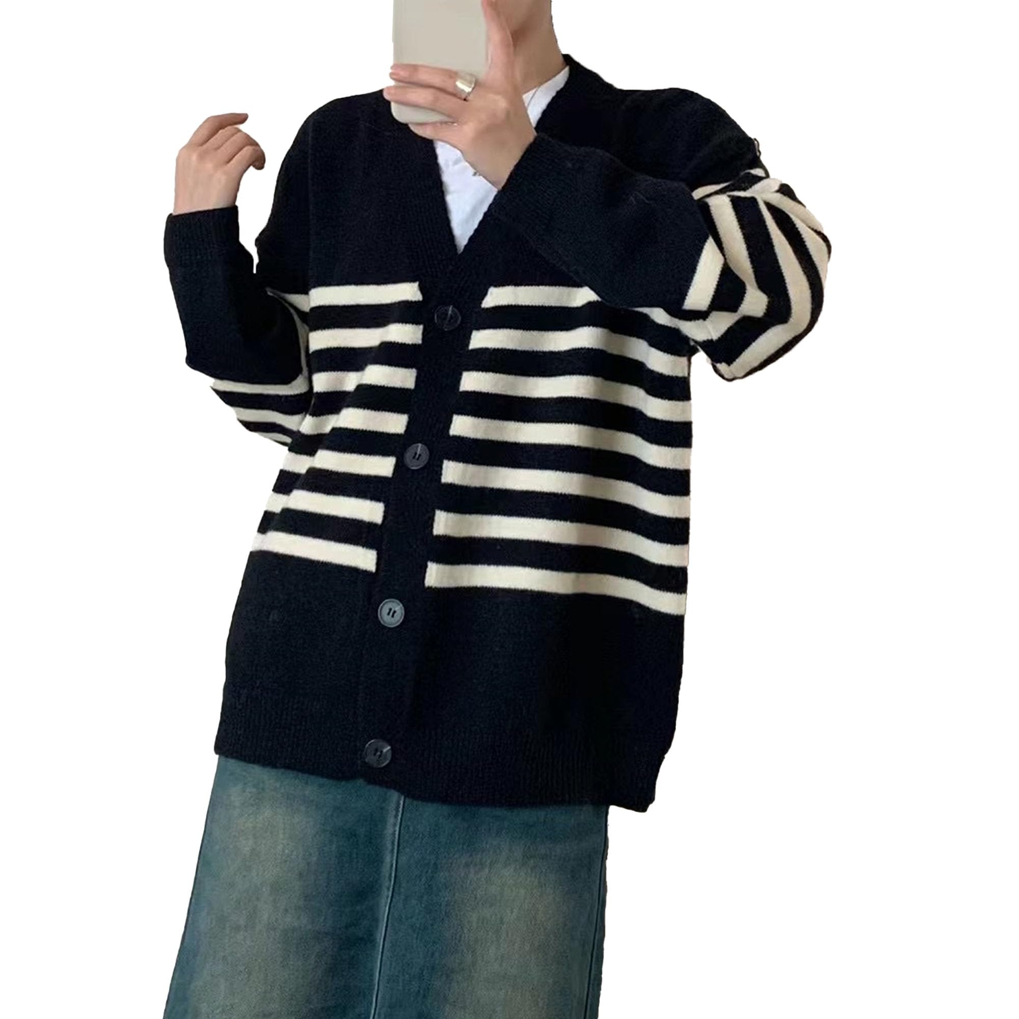 Women's 2025 Long Sleeve Striped Sweater Open Front Chunky Cable Knit Cardigans Lightweight V Neck Outerwear Coats (Medium,Black)