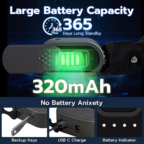 Miniatura 3 de Candado de cadena para bicicleta, 3.3 pies de largo, 0.315 in de largo, cadena de acero con llave de huellas dactilares Bluetooth, control de