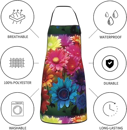 Miniatura 5 de Unisex Apron With Pocket, Rainbow Flowers Chef Apron For Cooking, Bbq & Crafts, Spillproof Kitchen Protection Bib With Large Utility Pocket For