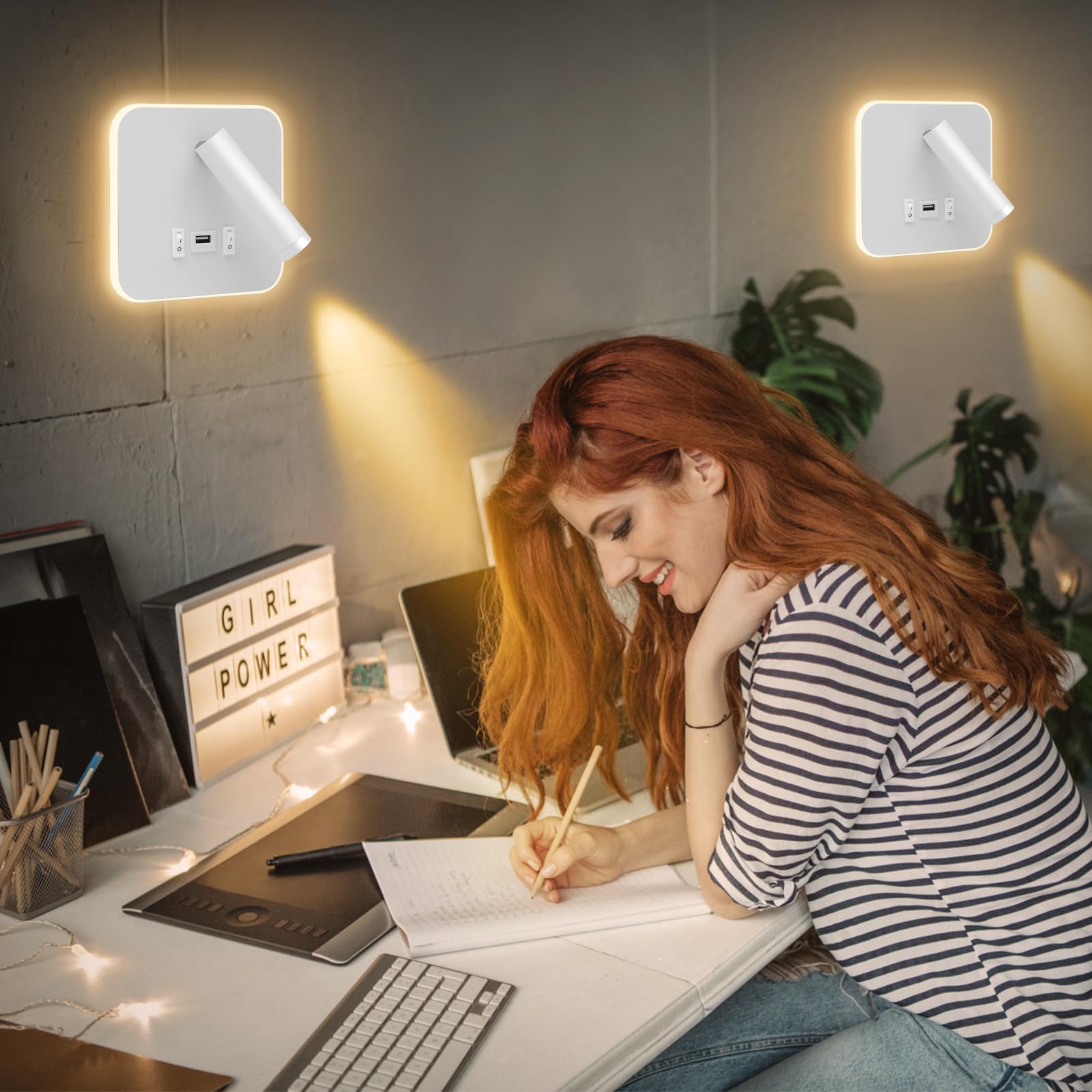 Lampada da parete a LED, lampada da lettura sul comodino, applique regolabile sul comodino, con porta di ricarica USB, applique da parete per corridoio(luce calda 3W + luce calda 9W)(Bianco 2pcs)