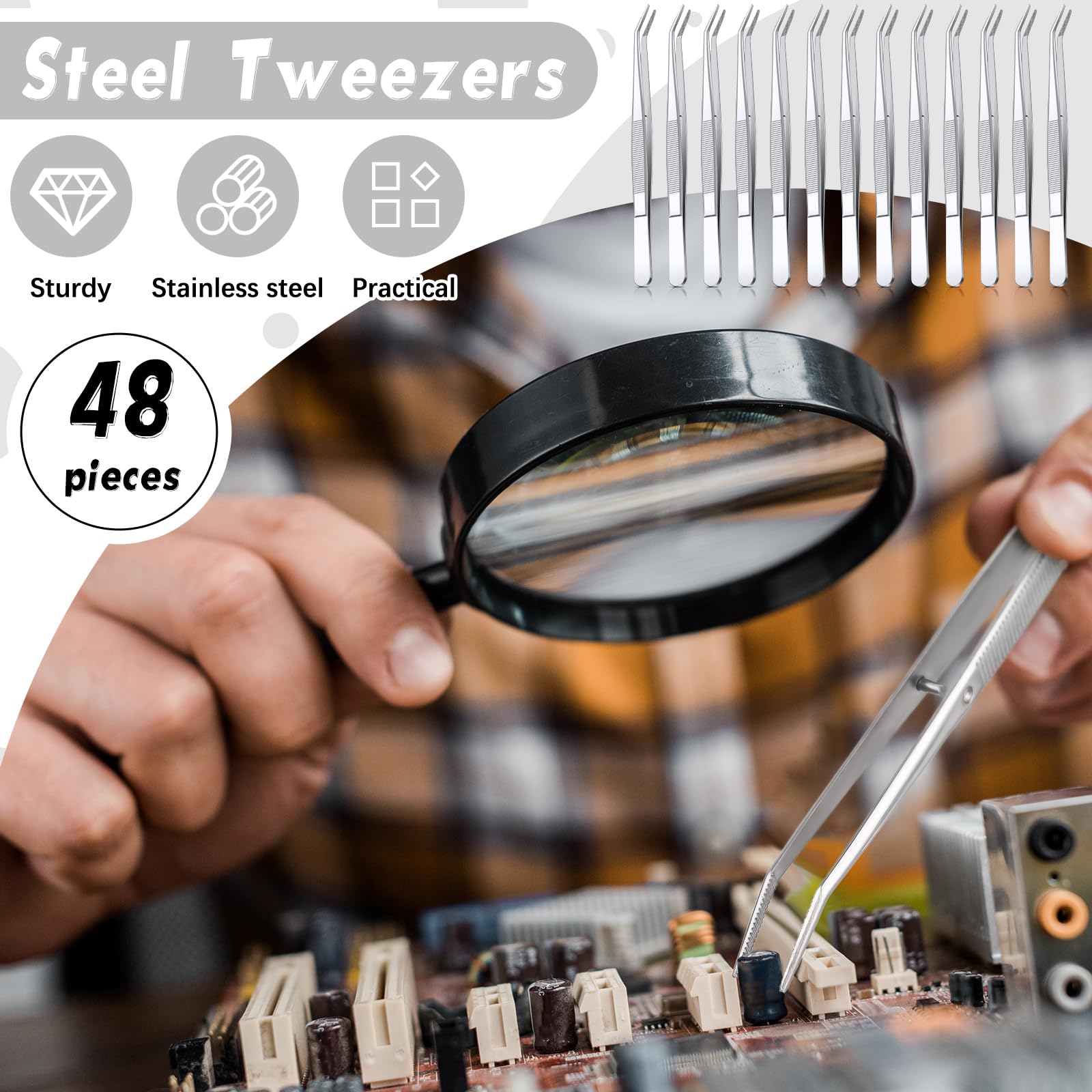 Honoson 48 pinzette in acciaio inox con punta seghettata curva multiuso pinzette per macchina da cucire, pinzette per artigianato, argento
