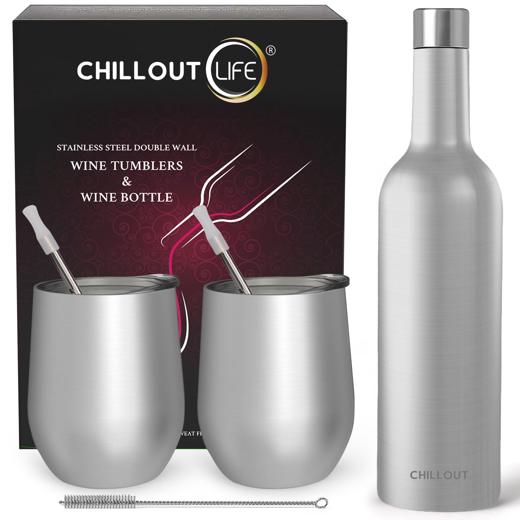 CHILLOUT LIFE 12 oz Stainless Steel Wine Tumblers 2 Pack & 1 Insulated Wine Bottle - Double Wall Vacuum Insulated Wine Glasses Cups with Lids and
