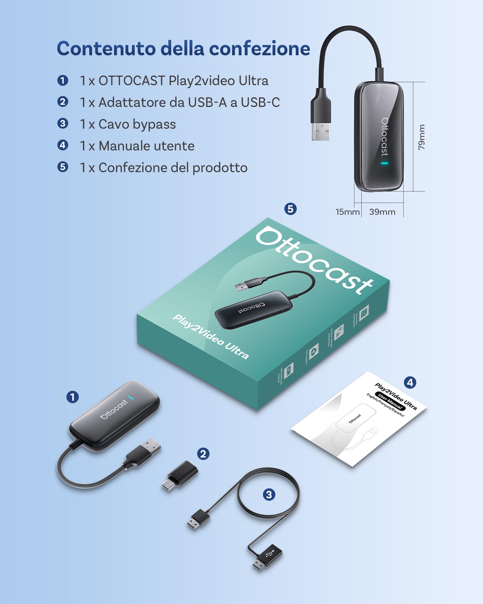 2026 Nuovo OTTOCAST Play2video Ultra, Adattatore CarPlay & Android Auto Wireless con YouTube Netflix, Plug & Play Chip 5G, WiFi6, 4GB+32GB Carplay AI Box per auto con CarPlay cablato dopo il 2016