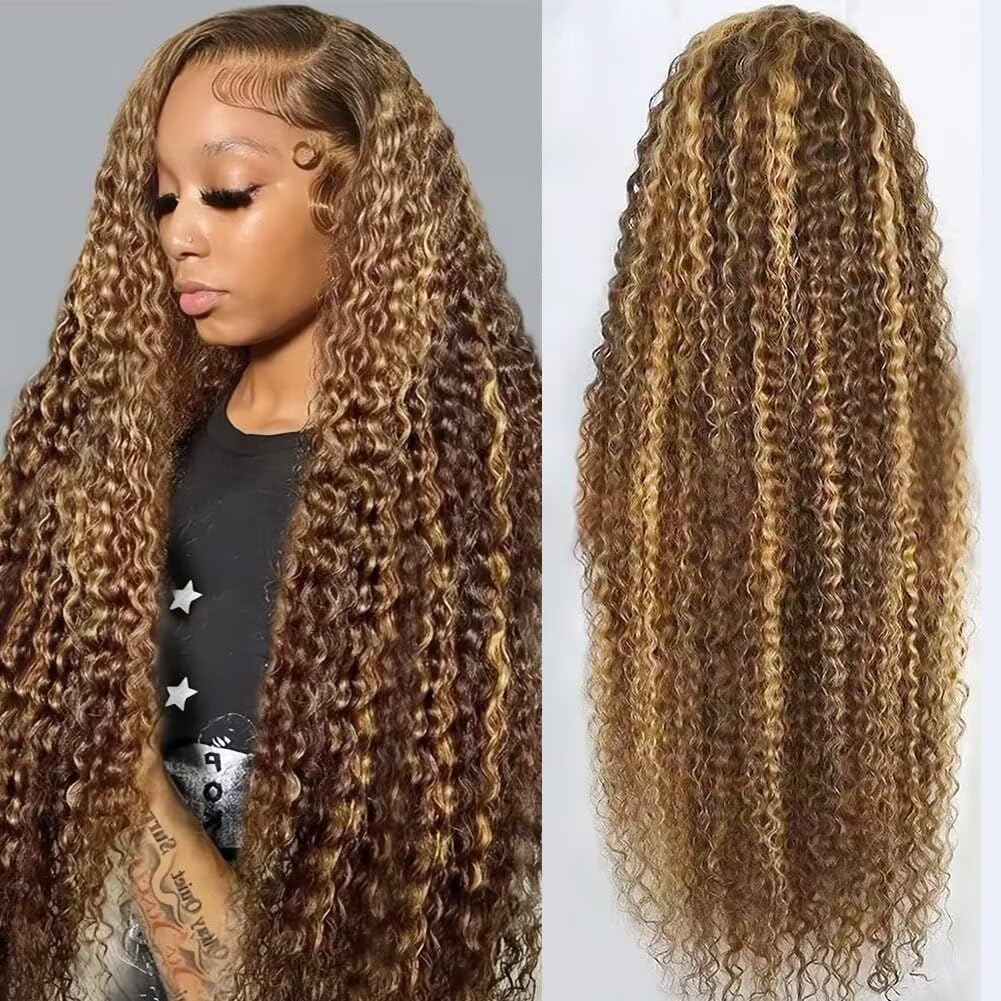 Highlight Deep Wave Lace Front Wigs Human Hair 32 Inch 13x6 HD Transparent Lace Front Wigs 200 Density 4/27 Glueless Ombre Honey Blonde Curly Wig for