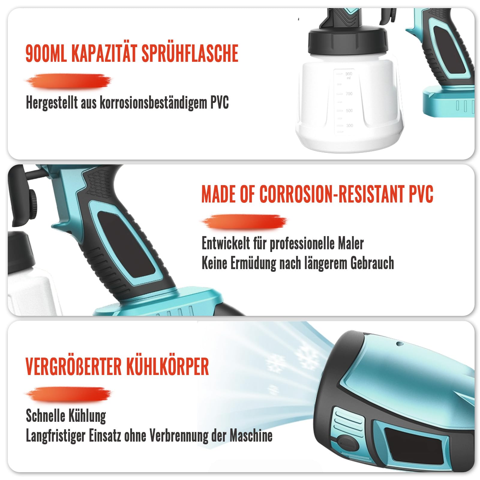 Sistema de pulverización de pintura, compatible con baterías Makita de 18 V, pistola eléctrica con 3 boquillas y 3 patrones, cubo extraíble de 1000 ml