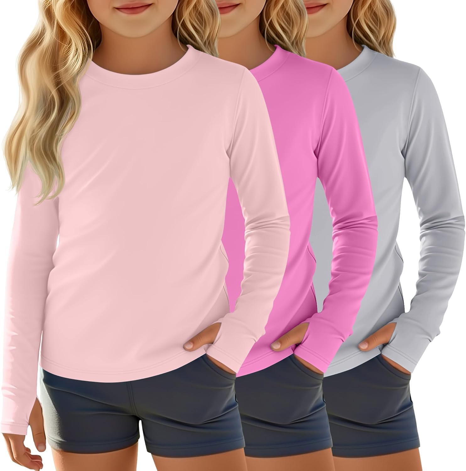 3 Pack Girls Rash Guard Swim Shirts 5-14Y UV Sun Protection Long Sleeve Thumb Hole Quick Dry T-Shirts UPF 50+ Tees