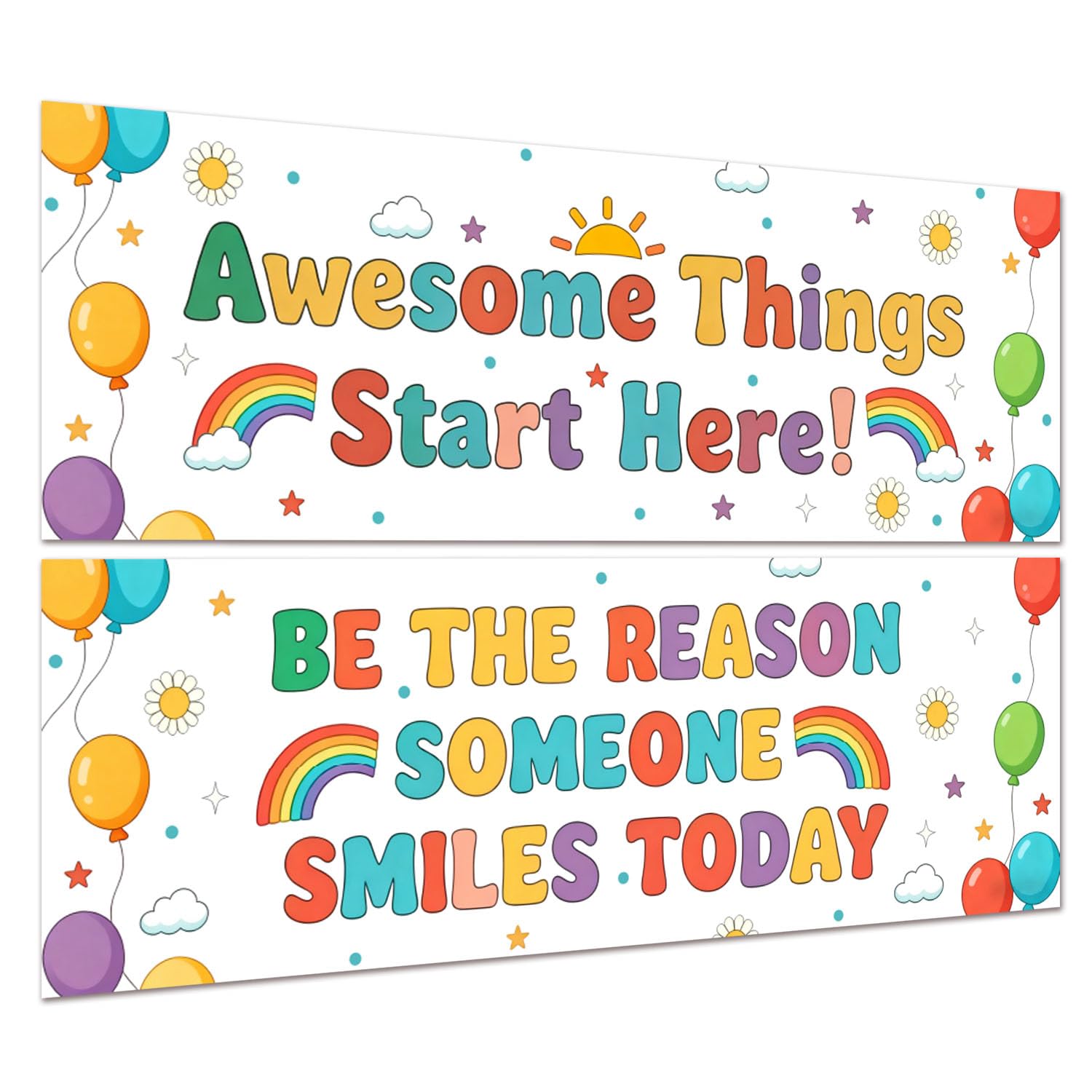 Hobbspring 2Pcs Rainbow Banner Posters Sun Flower Balloons Board And Wall Decor for School Teachers Awesome Things Stars Here Educational Posters Classroom 39 x 13.4inch
