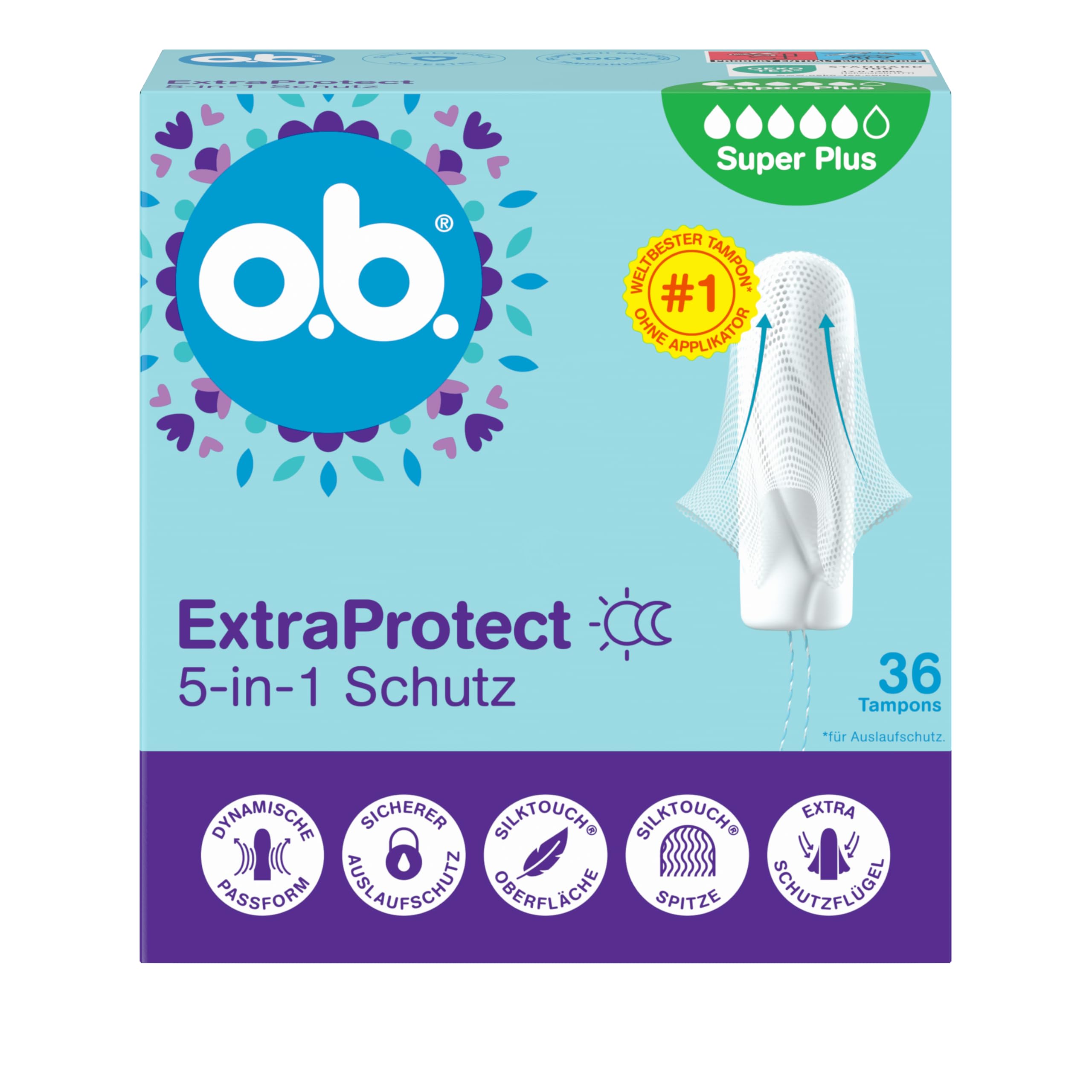 o.b. ExtraProtect 5 in 1 tamponi di protezione (1 x 36 pezzi) con ali di protezione extra per la migliore protezione da perdite e comfort