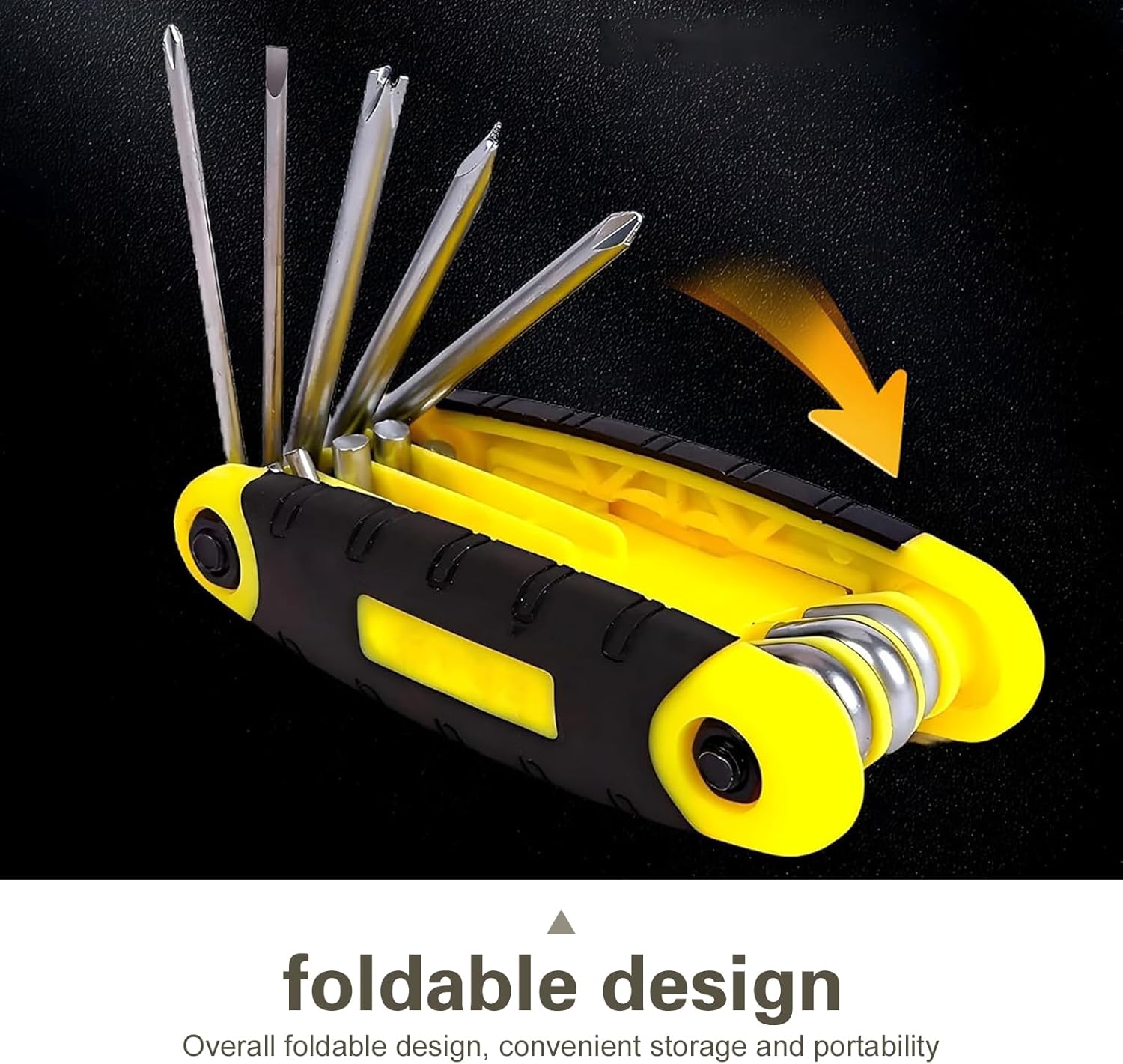 Folding Screwdriver Set, 8-in-1 Foldable SAE and Metric Keys with Anti-slip Grip, Carbon Steel Portable Screwdriver, Multifunctional Repair Tool for Most Vehicles (Yellow)