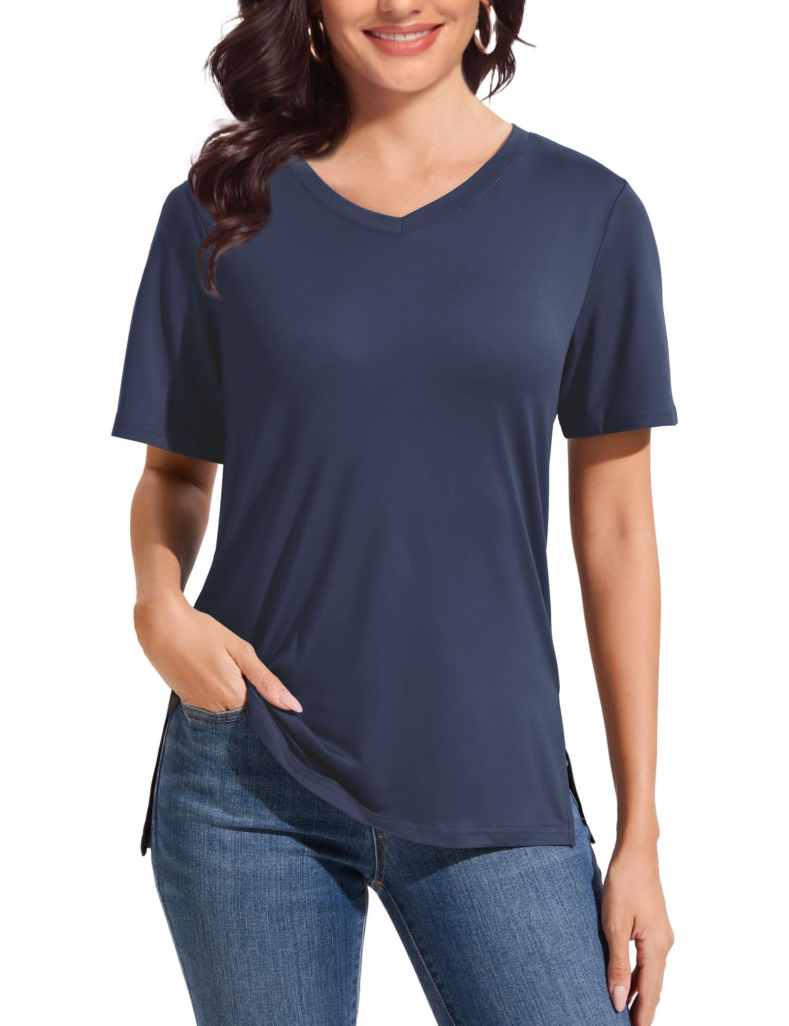 Showitty T Shirts for Women, Short Sleeve V Neck Basic Tees Loose Fit Cute White Black Tops for Casual Outfits