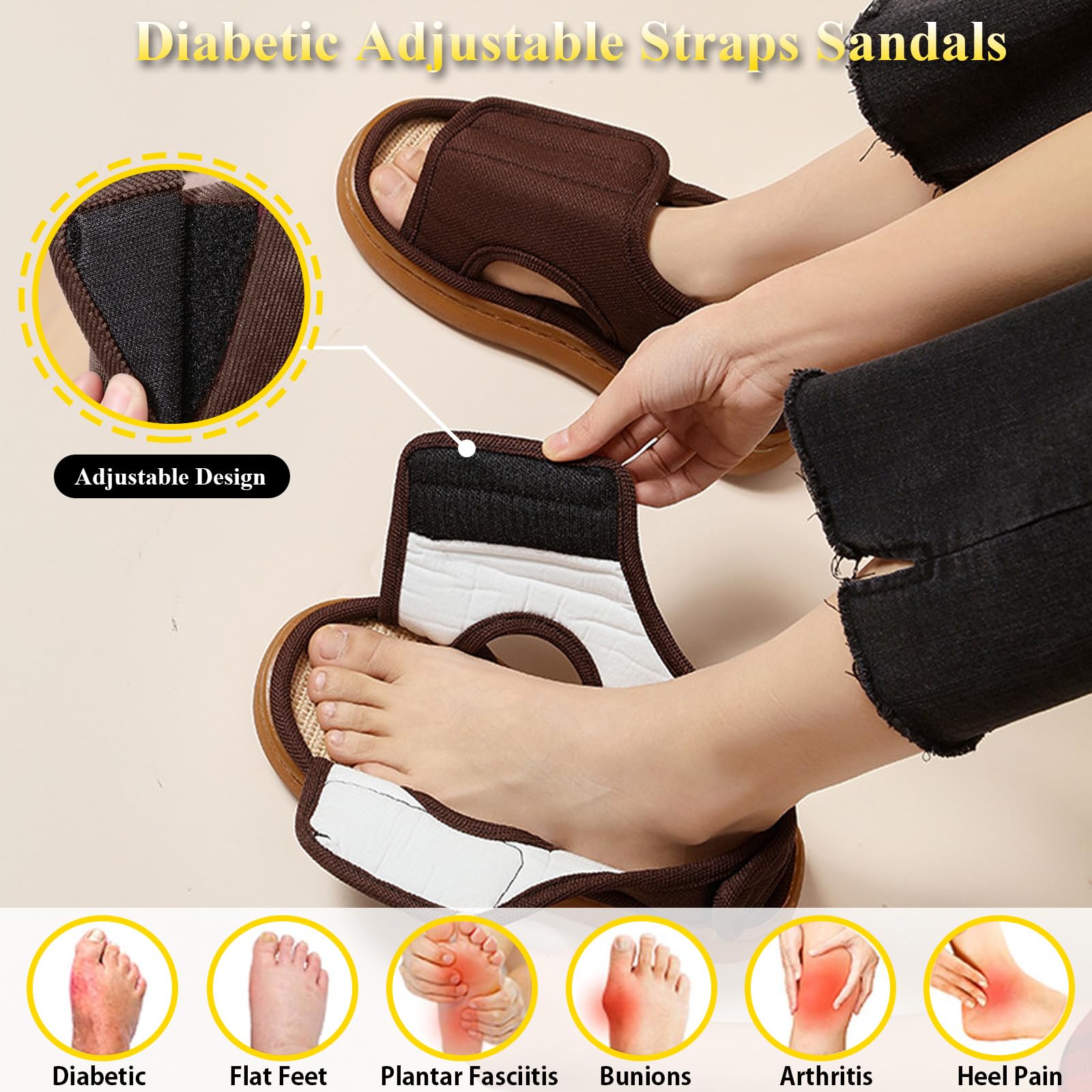 Sandali da donna regolabili per anziani, scarpe traspiranti in lino, suola antiscivolo, per diabetici, interni ed esterni