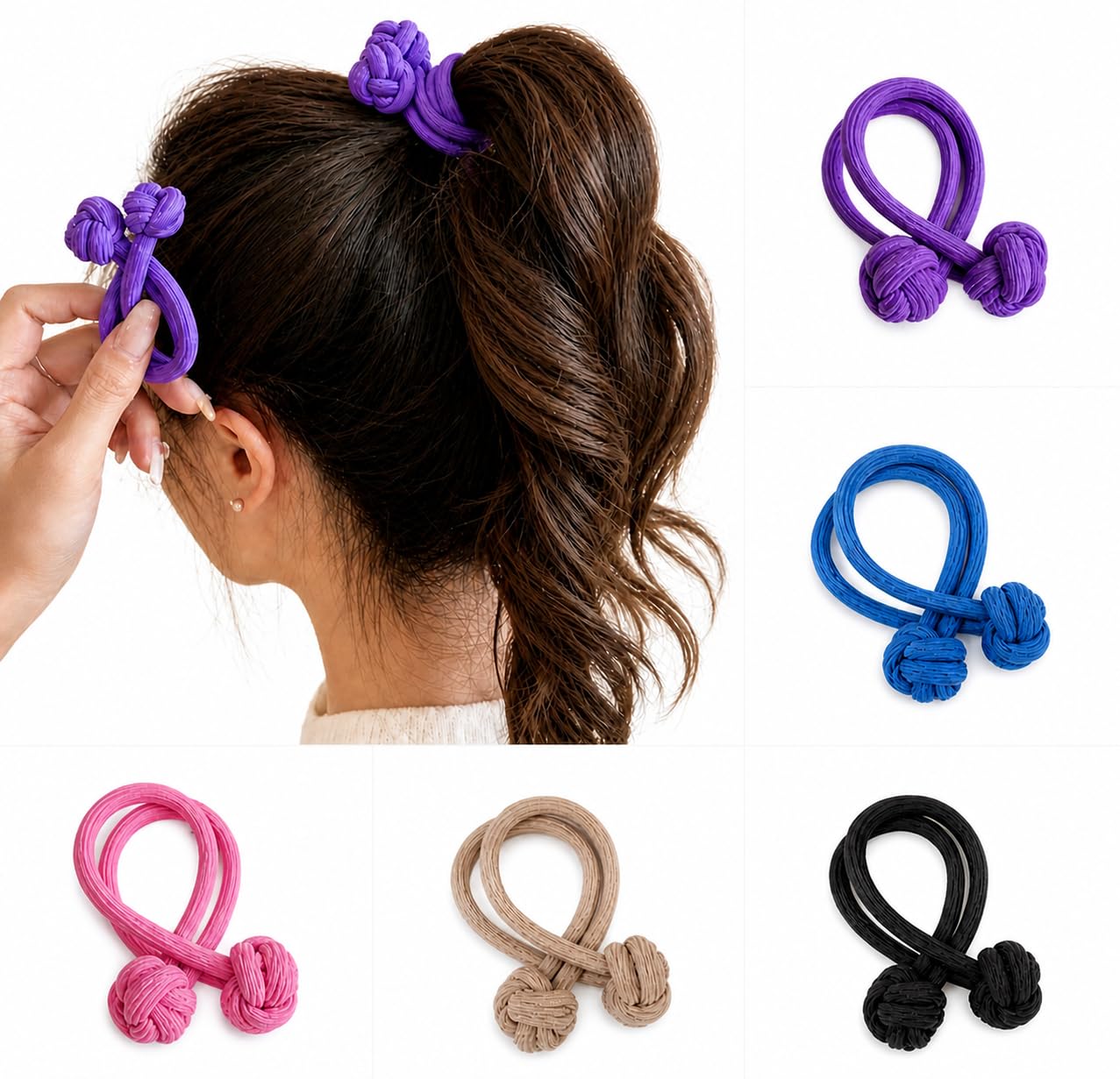 generic Knotted Hair Ties, Elastic Ponytail Holders, Multi-Color Pack, 5 Pieces-picture-31