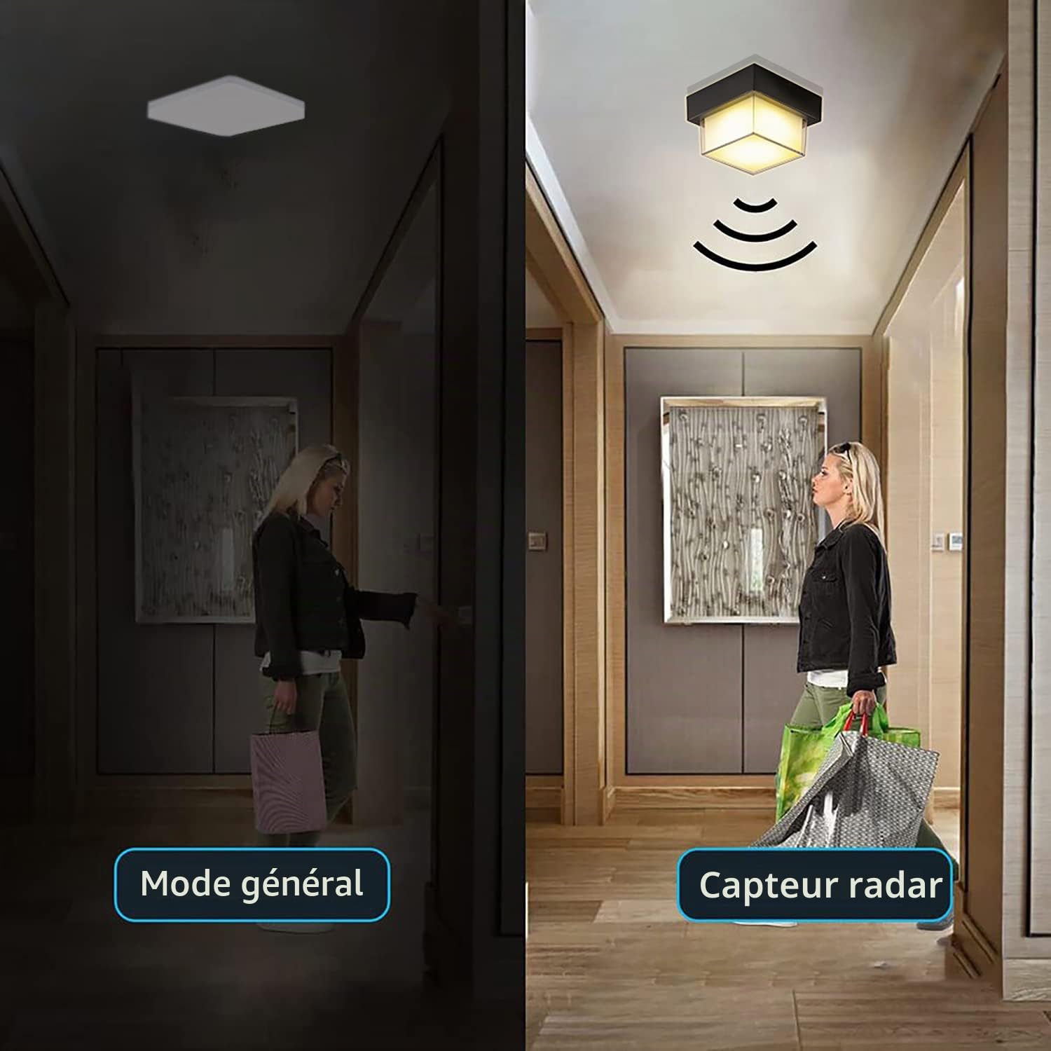 KZT Plafonnier LED Intérieur Detecteur de Mouvement 15W Exterieur Applique Murale Lampe avec Capteur Crépusculaire IP65 Étanche pour Escalier Garage Couloir Balcon Salle de Bains Porche Entrée, 3000K