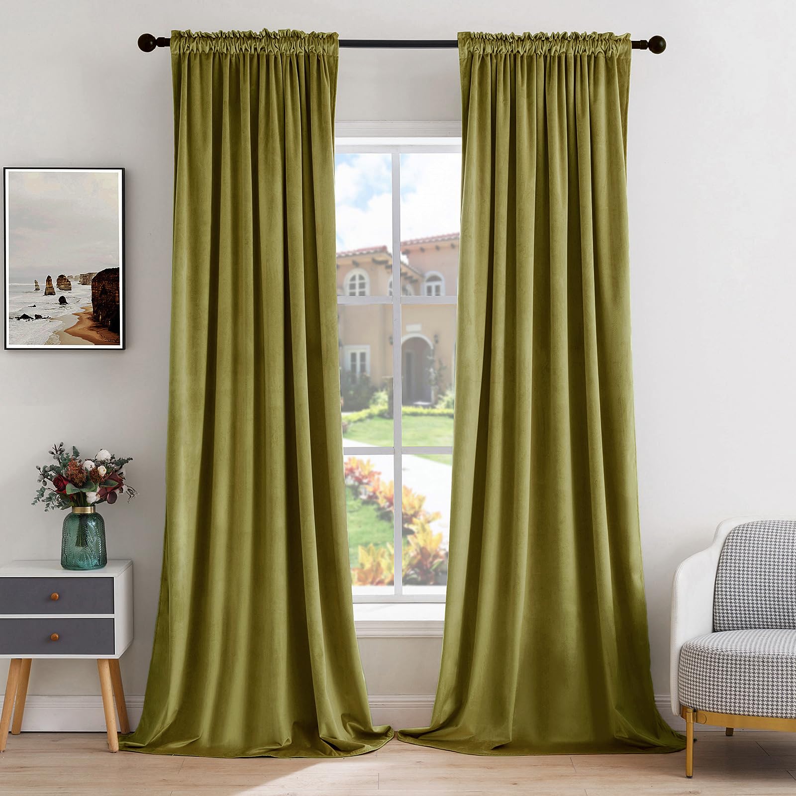 miulee moss green velvet curtains thermal insulated blackout curtain drapes for bedroom living room darkening 108 inches long curtains panels rod pocket set of 2
