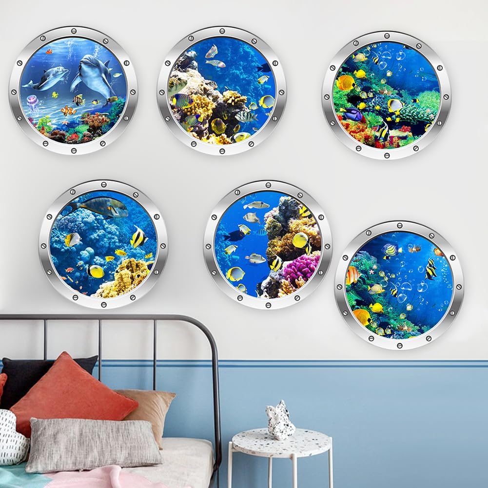 Set de 6 Adhesivos Murales 3D de Criaturas Marinas Cartoon Peces del Océano Stickers de Ventana Falsa Submarina para Habitación Infantil, Adhesivos de PVC Resistentes al Agua
