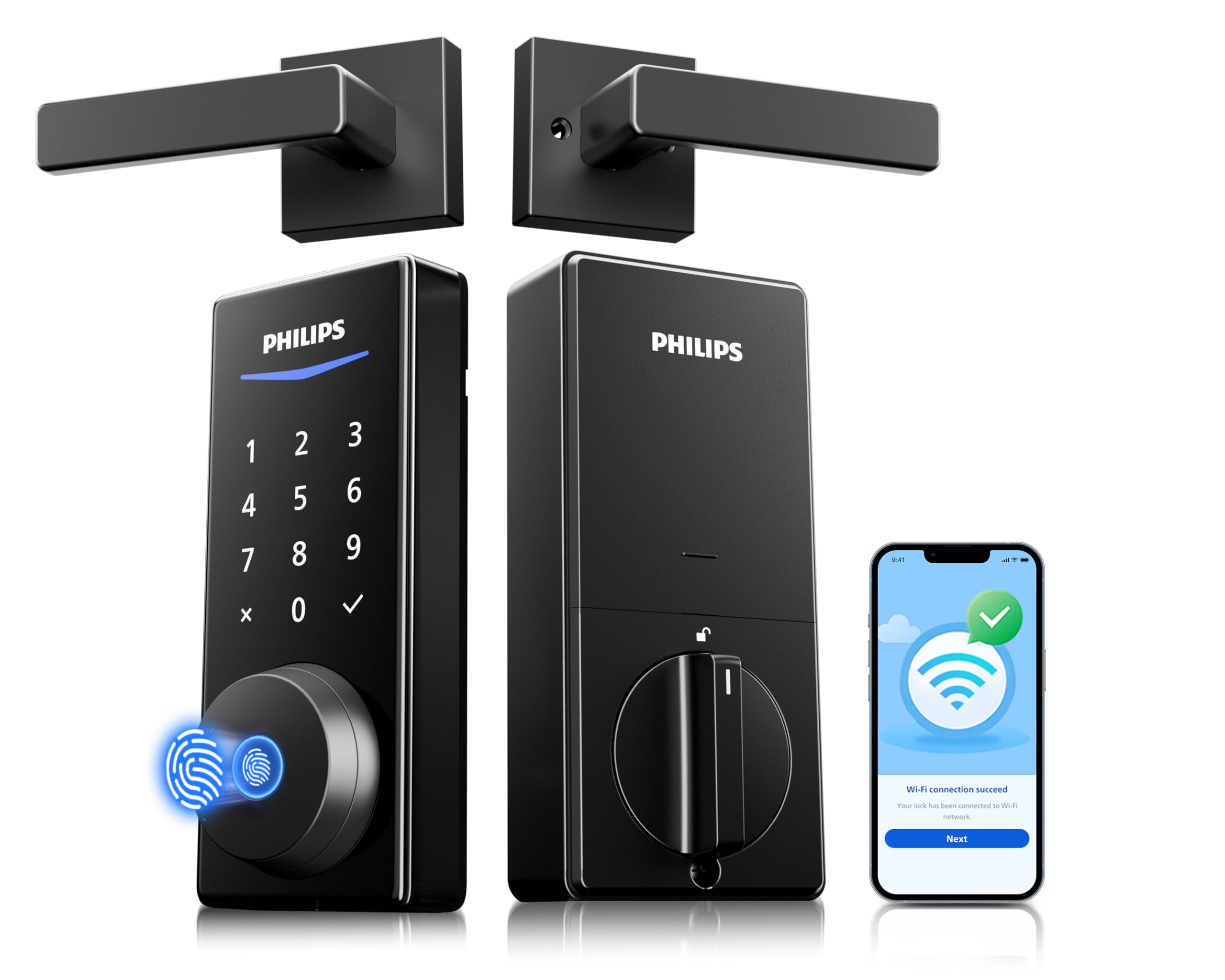 Philips Built-in WiFi Smart Lock + 2 Levels, Smart Locks for Front Door, Digital Keypad Deadbolt with Handle, Fingerprint, PIN Code, App Remote Contro