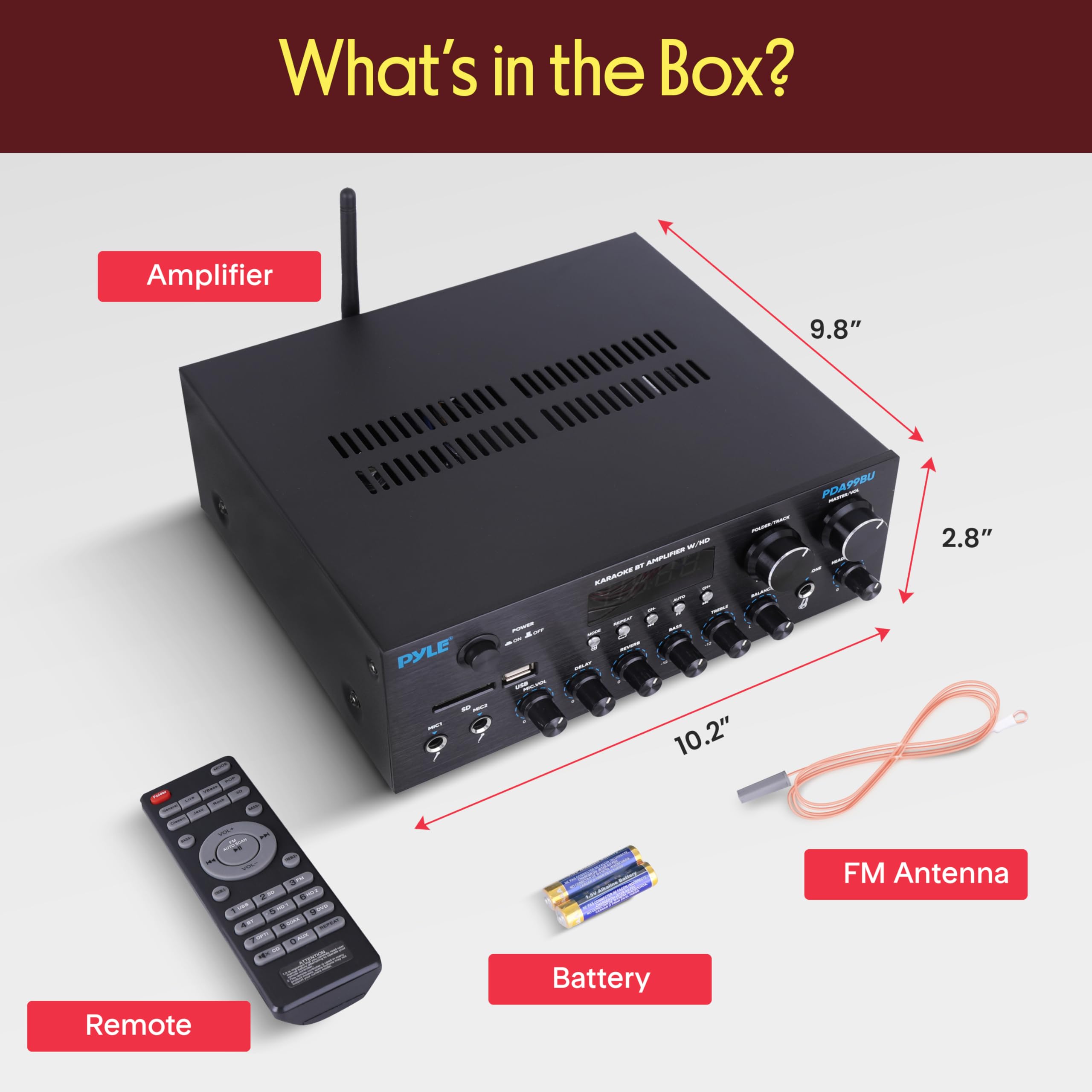 PDA99BU - Ricevitore audio stereo Bluetooth HD Home Audio 300 W, sistema audio a doppio canale, MP3, USB, SD, AUX, RCA, MIC, cuffie, FM, LED, ritardo di riverbero, per altoparlanti Home Theater,