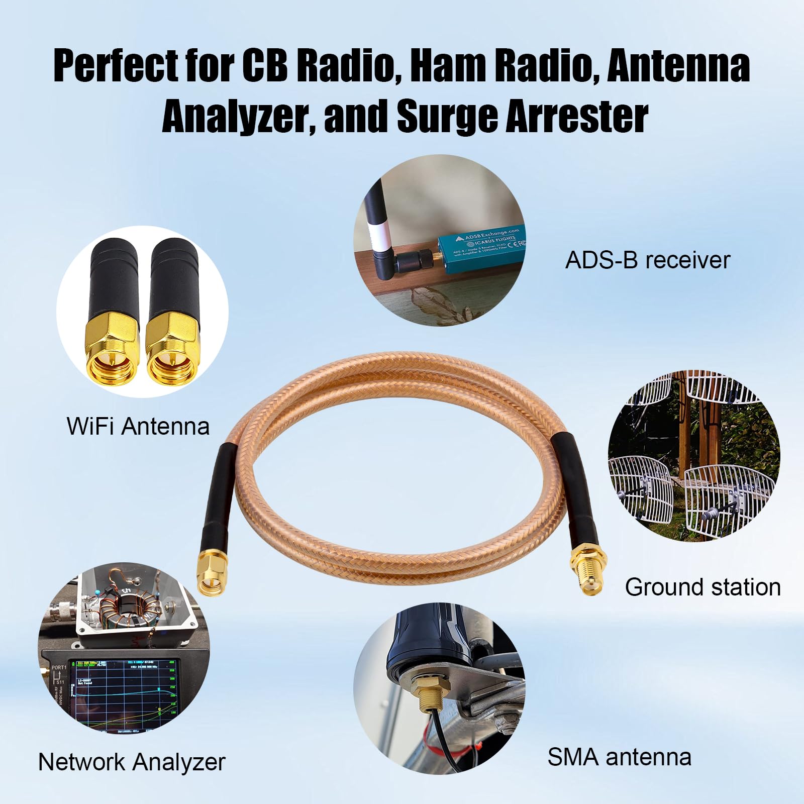 XRDS -RF RG8X - Cavo di prolunga SMA a bassa perdita da SMA maschio a SMA femmina, 50 Ohm, schermatura in rame intrecciato ad alta densità per antenna WiFi, router 4G 5G LTE, minatore di elio, radio