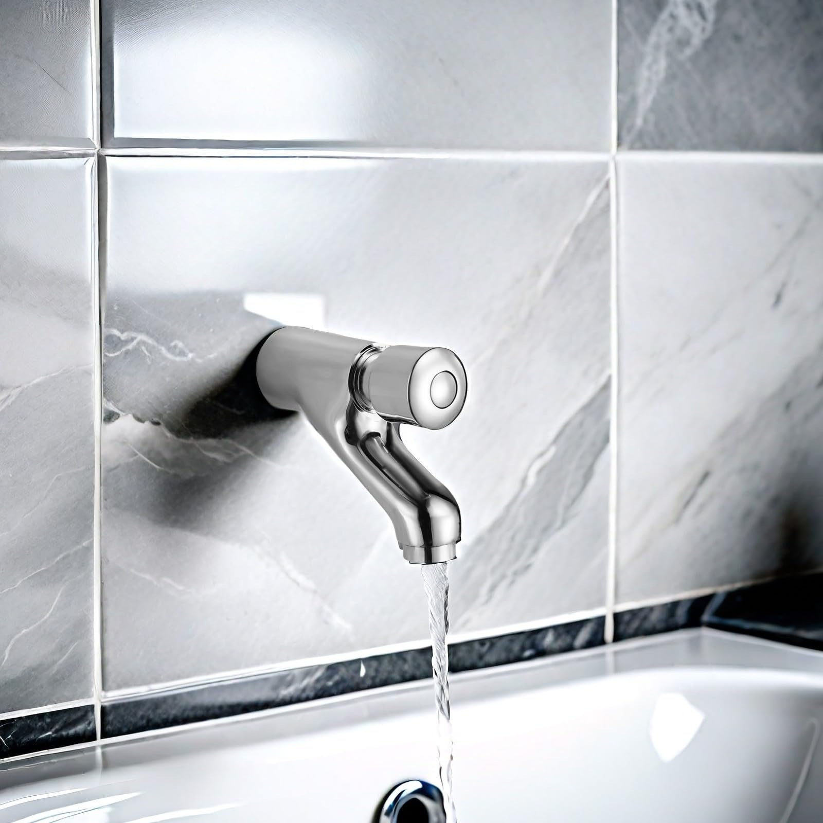 Wall Mount Push Button Faucet Self Closing Basin Tap Time Delay Control Single Handle Cold Water Supply Chrome — view 4