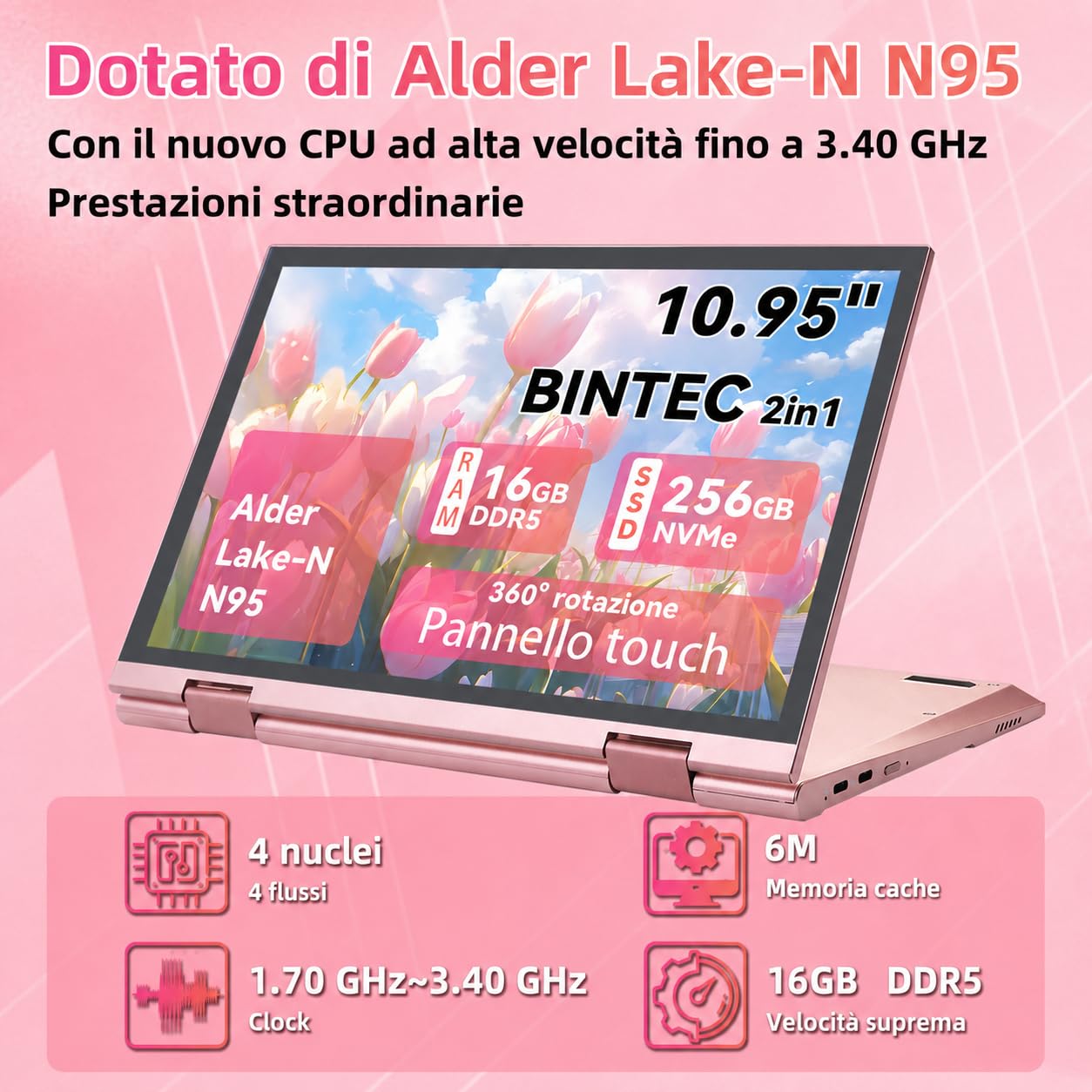 Mini Laptop 2 in 1 10.95" Touch Screen Notebook Convertibile 360° Win 11 Pro Celeron N95 16GB DDR5 256GB SSD 2000x1200 Tastiera Italiana Retroilluminata Stilo Oro Rosa