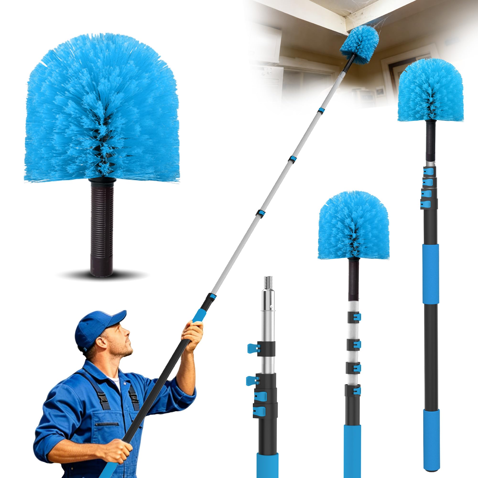 Photo 1 of ***DAMAGED AND MISSING PARTS*** 26FT Reach Cobweb Duster with Extension Pole - Spider Web Brush for Cleaning with 5-20FT 4-Section Flip-Lock Telescopic Pole, Effortlessly Cleans High Indoor & Outdoor Webs
