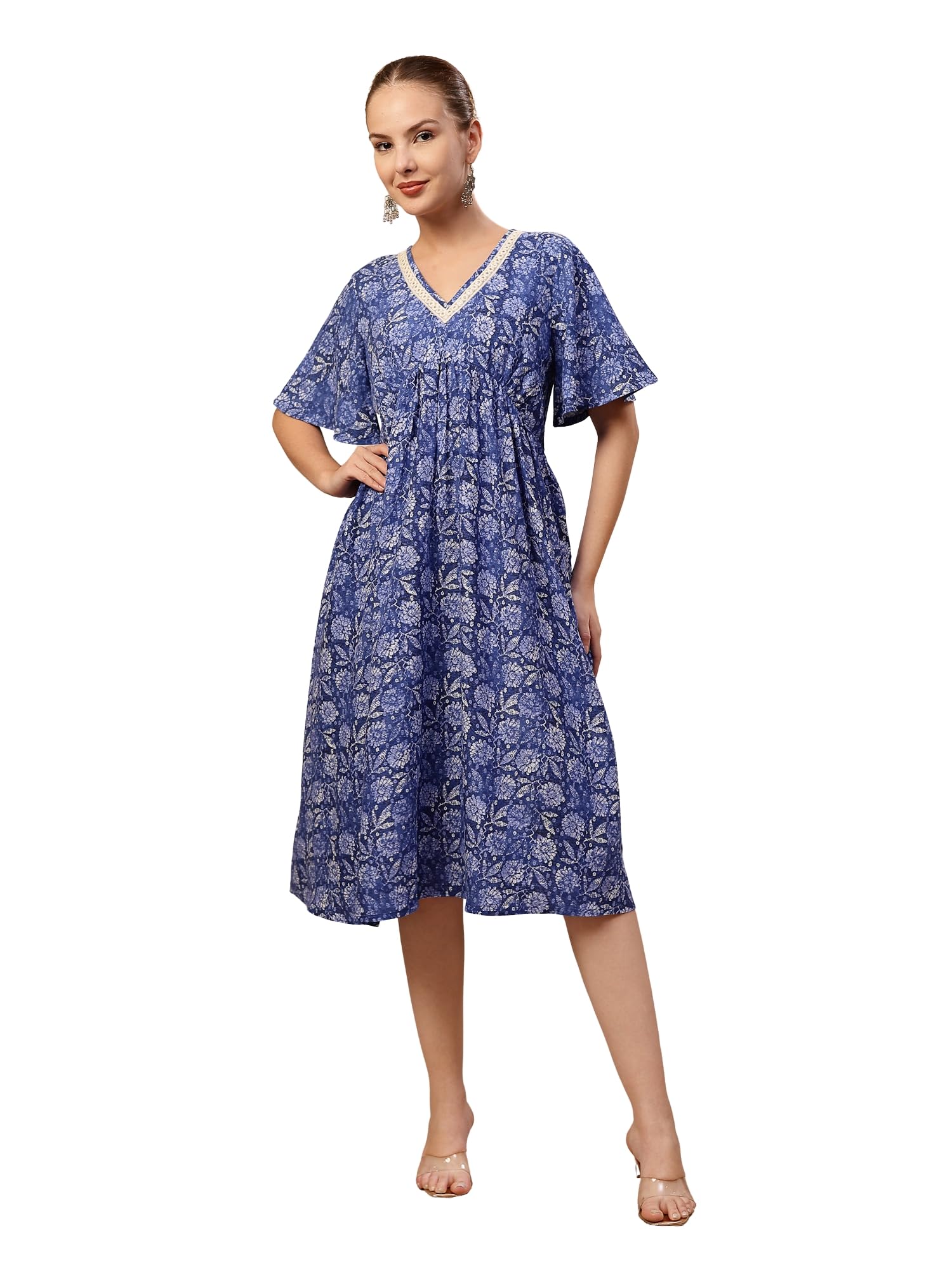 zelena All Over Printed Maternity & Nursing Dress | Rayon Feeding Dress with Concealed Zip, Pockets & Stylish Neckline | Pregnancy & Postpartum Wear - Blue Border Floral-picture-14