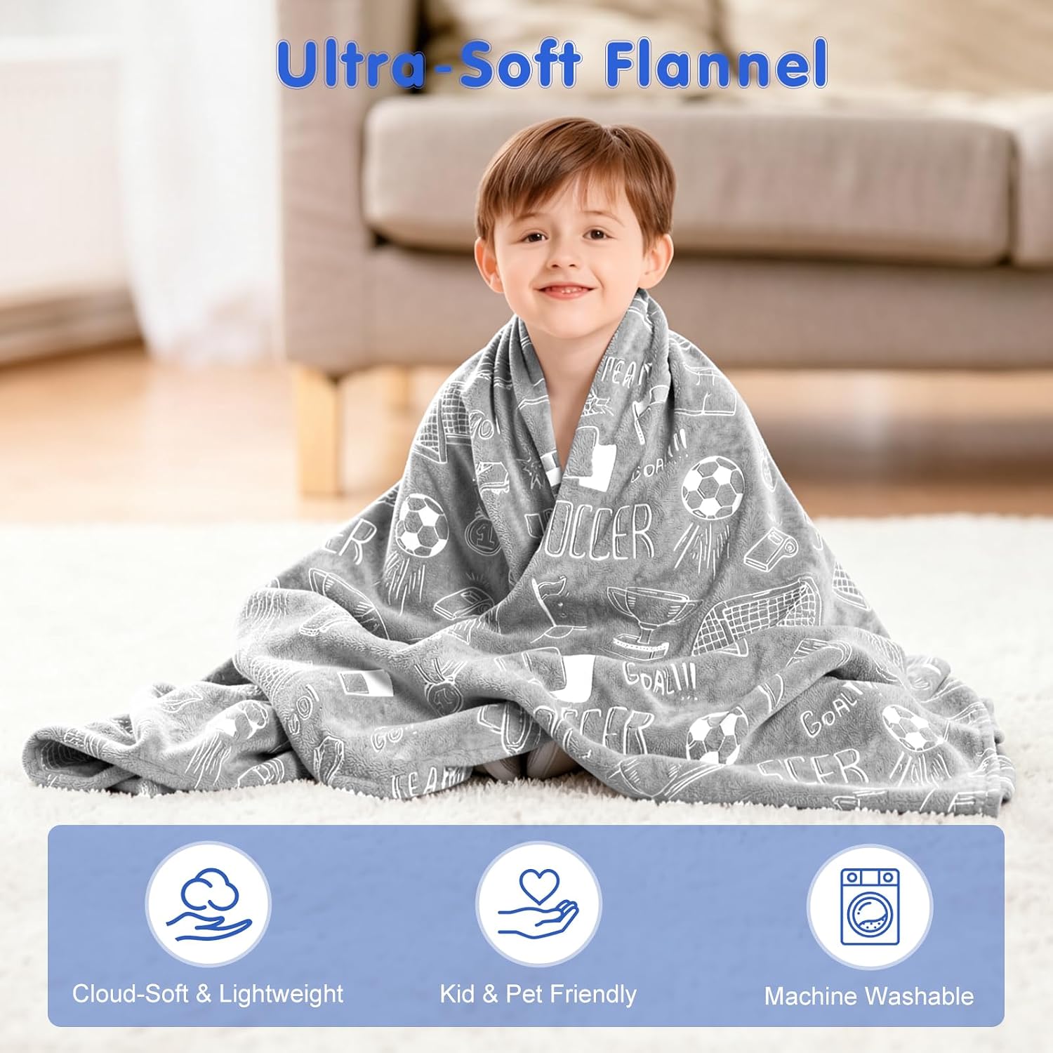 Soccer Gifts for Boys, Glow in the Dark Soccer Blanket, Grey 50" x 60" | Soft Lightweight Soccer Throw Blanket, Soccer Room Decor, Birthday Christmas Gift