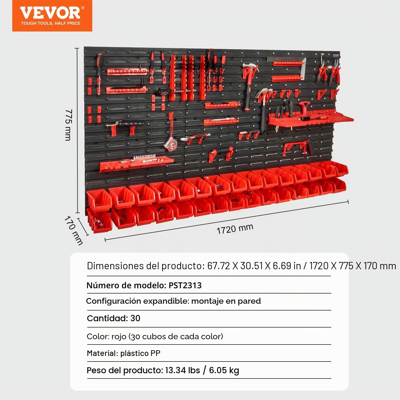 VEVOR Estante de Plástico 30 Cajas de Almacenamiento para Taller Garaje con Paneles de Pared Organizador de Herramientas para Tuercas, Pernos, Tornillos, Clavos, Botones, Piezas Pequeñas, Negro/Rojo