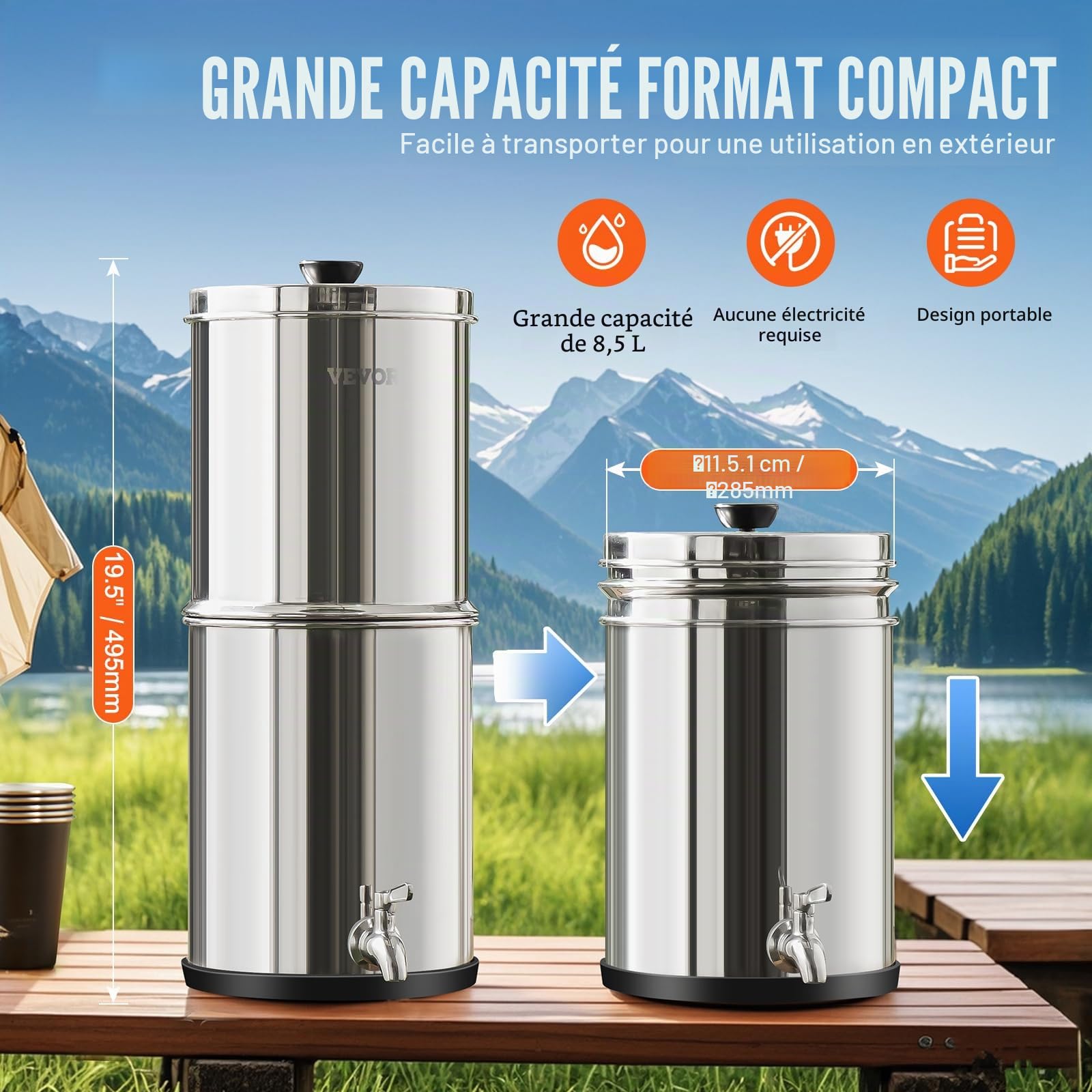 VEVOR Système de Filtration d'Eau par Gravité 8,5 L, Filtre à Eau par Gravité de Comptoir, en Inox 304, Réduction du Plomb et jusqu'à 99% du Chlore, avec 2 Filtres à Charbon et Robinet, Domicile