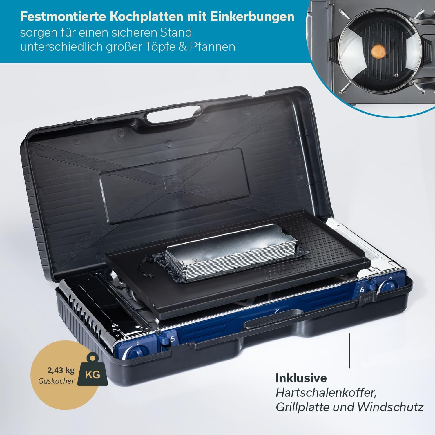 Skandika Fornello a gas Brann | robusto fornello da campeggio per cartucce a gas, valigetta, acciaio inox, regolazione continua, accenditore piezoelettrico (2 fiamme in un set)