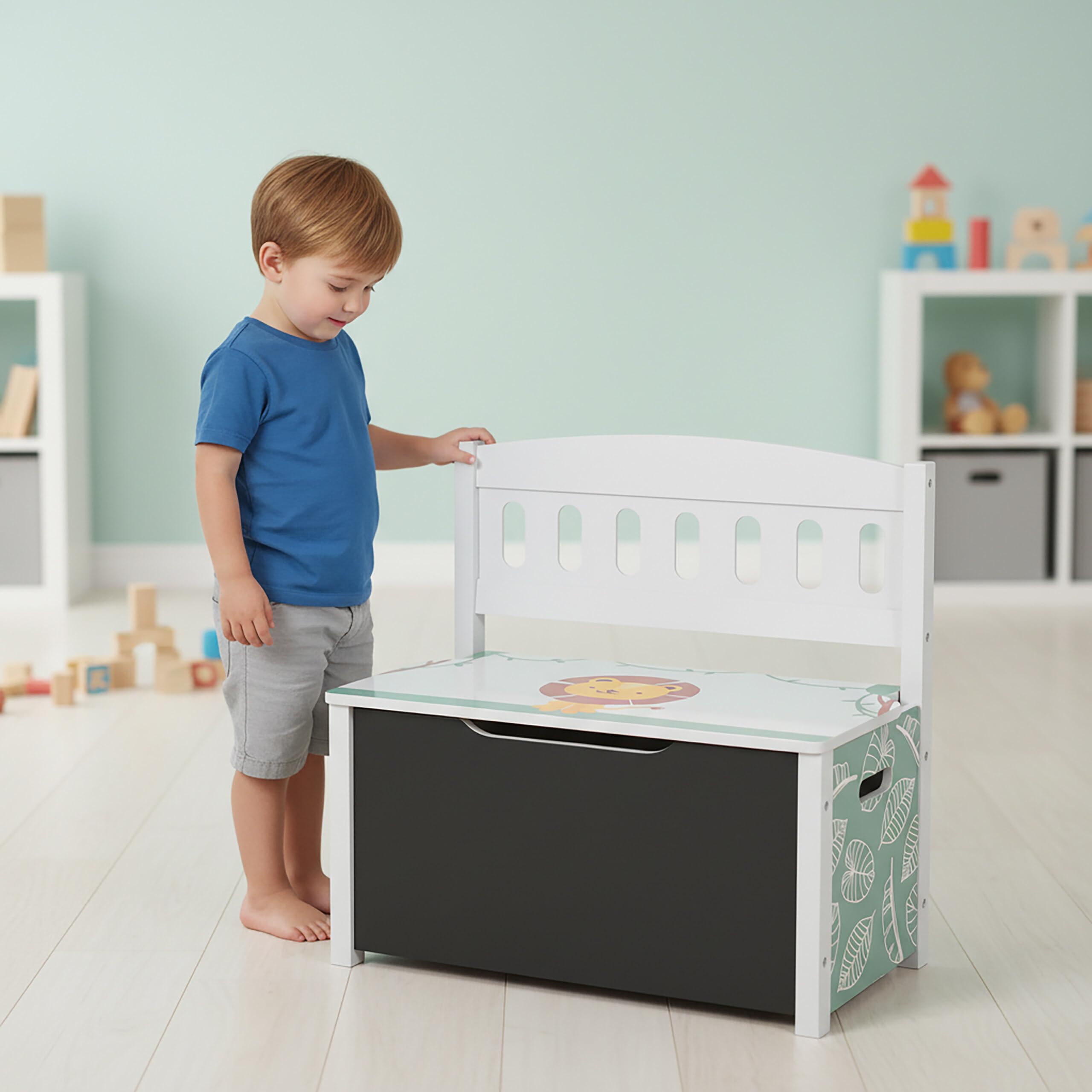 Relaxdays Banc-Coffre pour Enfants Rangement avec Tableau Motif Lion Multicolore H 55,5 x L 57 x P 30 cm