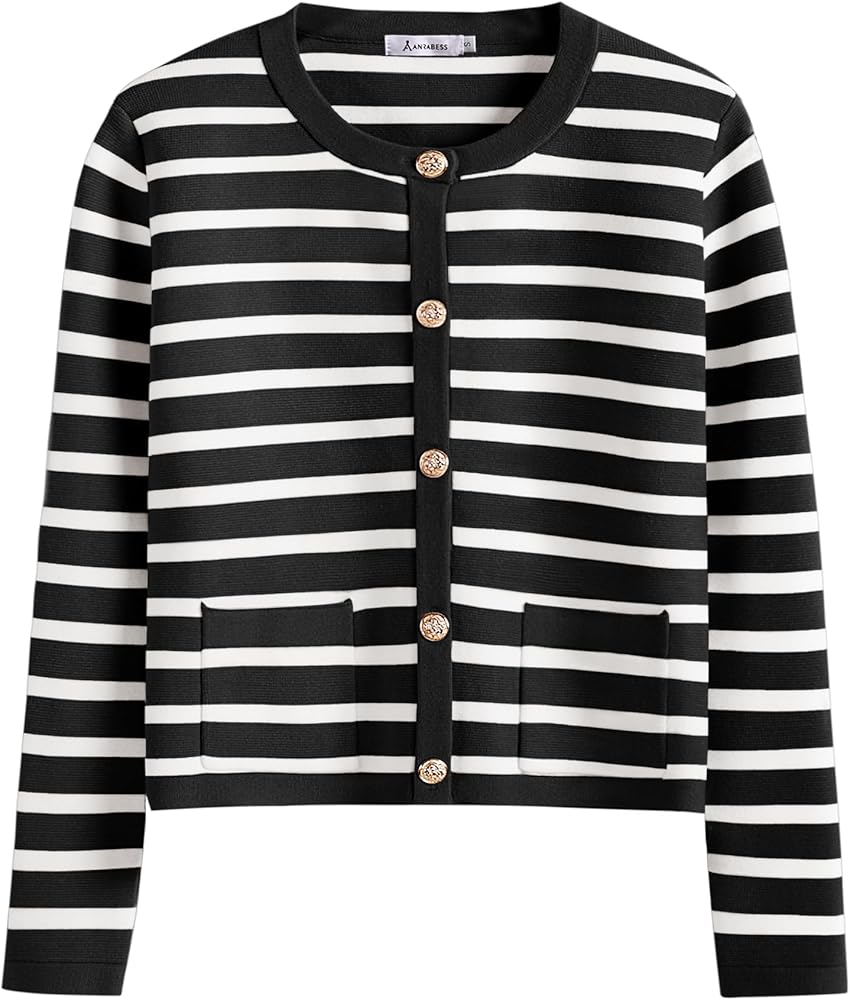 ANRABESS Women Striped Cardigan Sweaters Button Down Cropped
