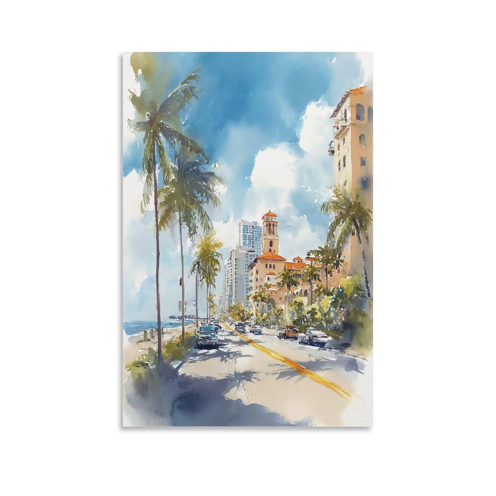 XWYMXZ Miami Watercolor Traditional 20x30inch(50x75cm) Vintage Travel Poster Watercolor Canvas Art