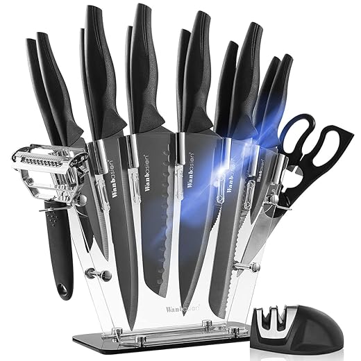 16 Pieces Kitchen Knife Set Dishwasher Safe, Professional Chef Kitchen Knife Set, Kitchen Knife Set Stainless Steel with Knife Sharpener Peeler Scissors Acrylic Block