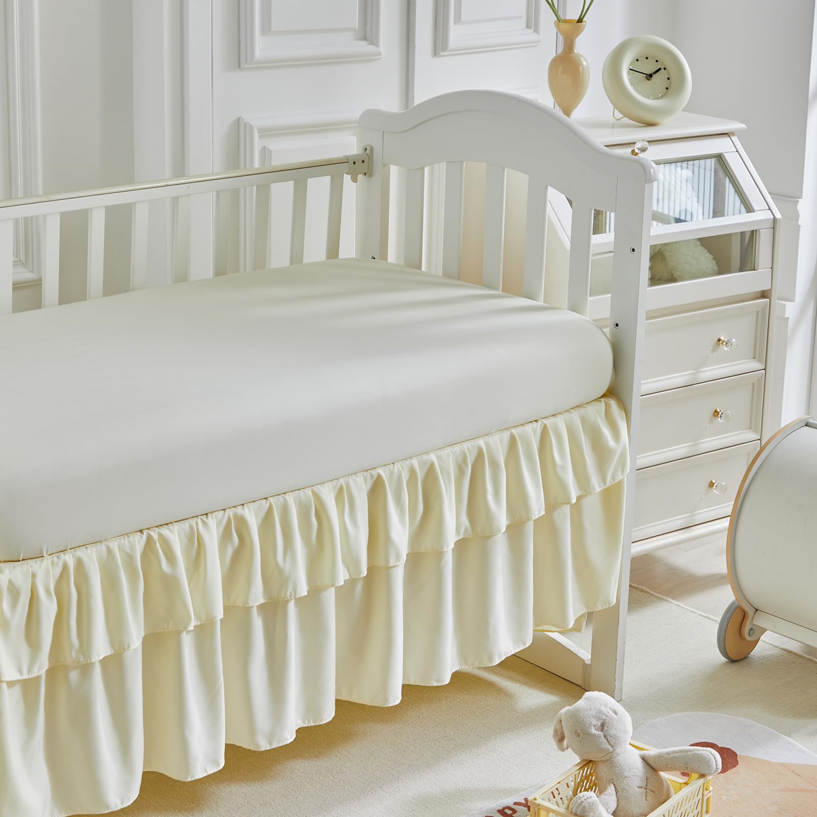 Juego de ropa de cama para cuna, 3 piezas, edredón acolchado con volantes y sábana bajera ajustable y falda de cama con volantes, bonita ropa de cama para bebé desgastada solo se adapta a minicunas