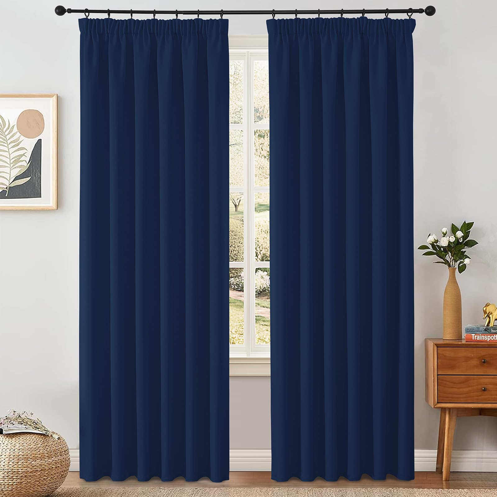 VEHEDE Long Navy Blue Blackout Curtains for Bedroom – Pencil Pleat Thermal Drapes, W46 x L84 Inch, Navy Blue, 2 Panels