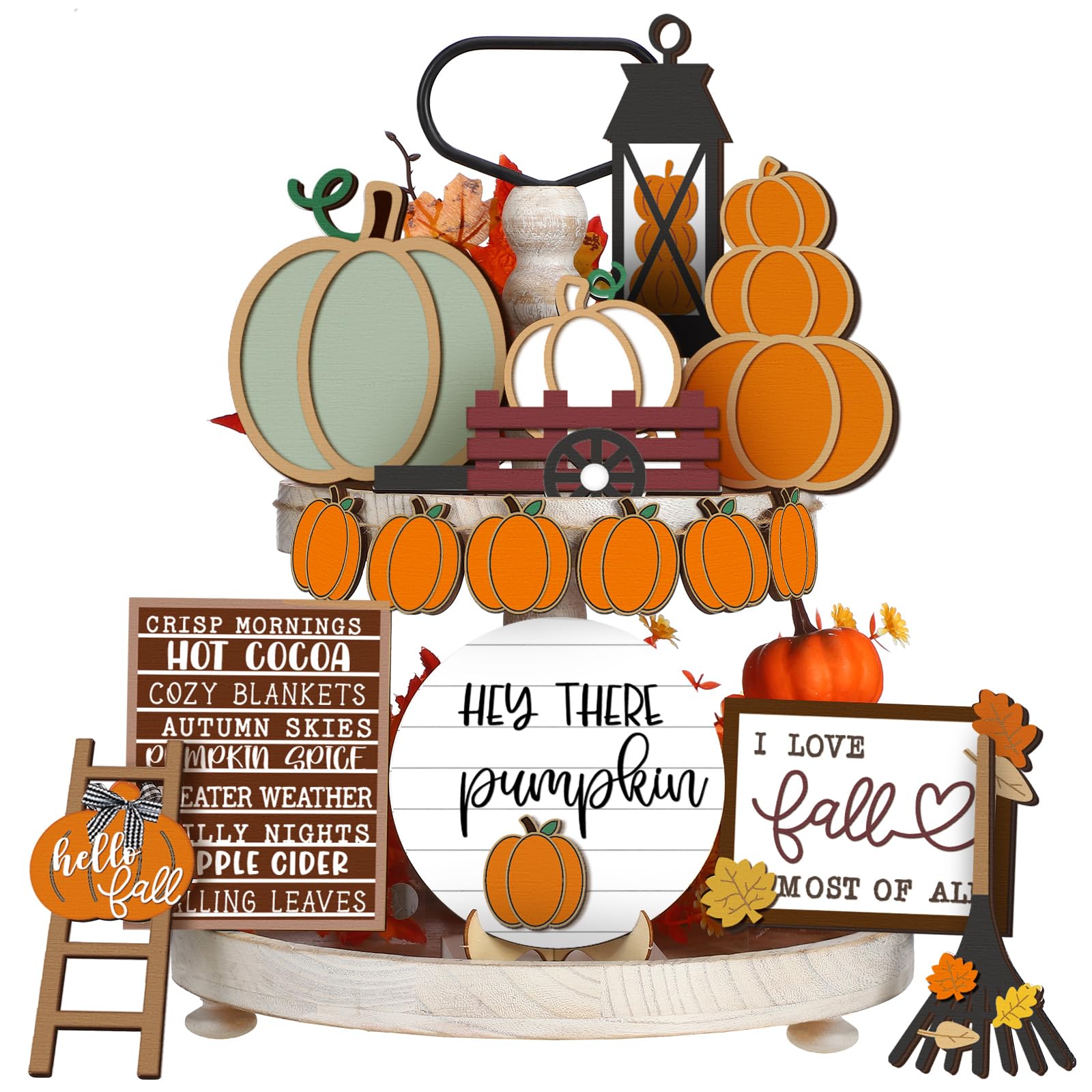 1 Set Thanksgiving Fall Tiered Tray Decor Set - Autumn Pumpkin Leaves Rustic Farmhouse Decorative Trays - Wooden Tabletop Signs for Home Kitchen (Rustic Style)