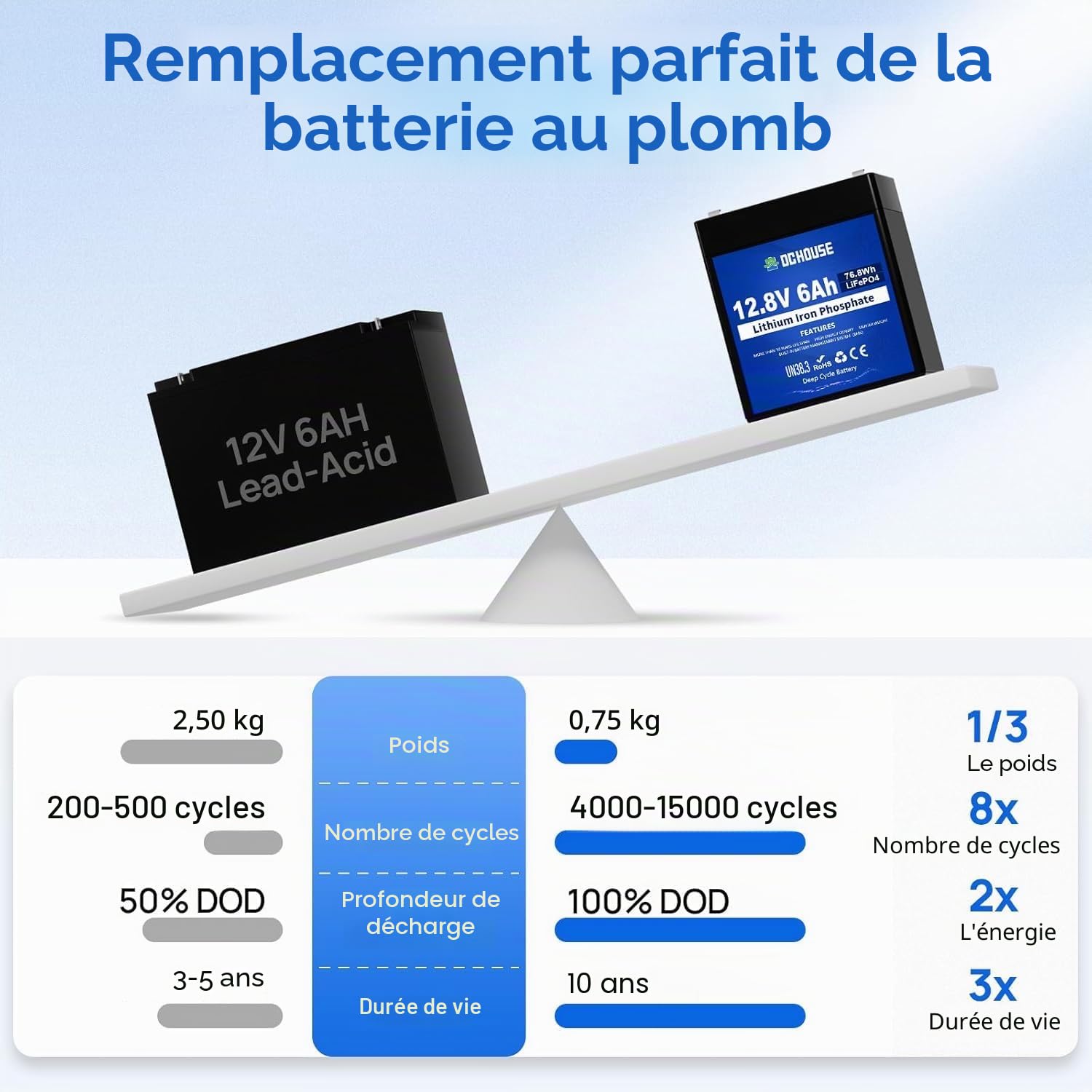DCHOUSE 12V 6Ah LiFePO4 Batterie avec chargeurs de Batterie 4A, DC 12V vers Type C et USB, convertisseur de Batterie pour Camping-Car, Chariot de Golf, Tondeuse à Gazon, Panneau Solaire, Camping