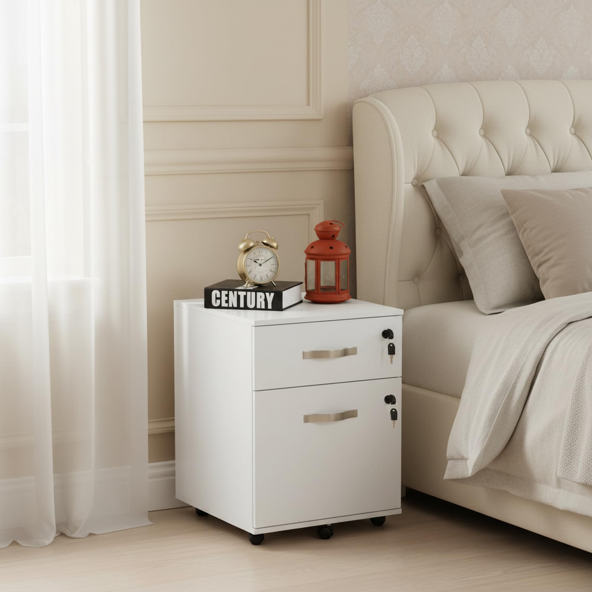 buybyroom Caisson de Rangement, Meuble Bureau à 5 roulettes, 2 Tiroirs, Verrouillable Meuble sous Bureau 53.5 cm Hauteur pour Dossiers Suspendus, Papier Administratif, Imprimante, Format A4, Blanc