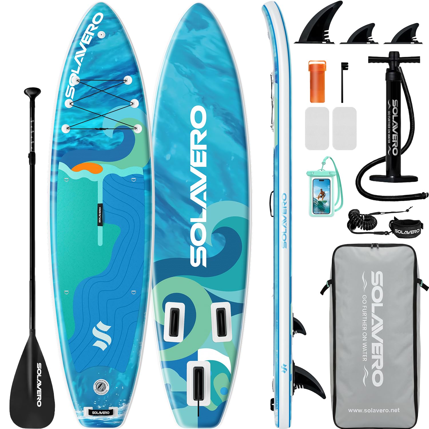 SOLAVERO Tavola da Sup Gonfiabile, 335 x 83 x 15 cm Tavola da Paddle con Antiscivolo EVA, Pagaia Regolabile, 3 Pinne, Surf Gonfiabile per Tutti i Livelli di Abilità, Fino a 200kg