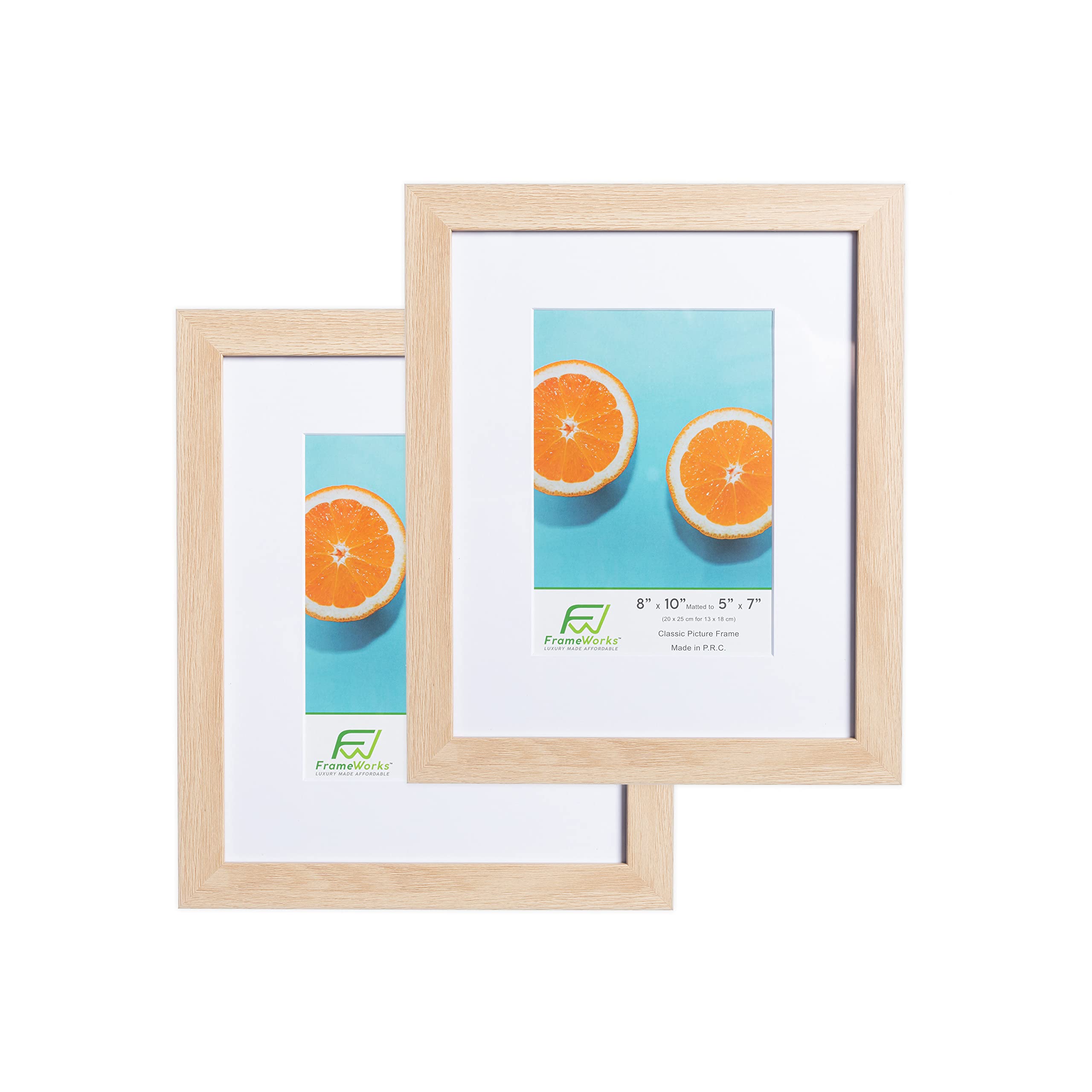 FrameWorks 8x10 mat to 5x7 Classic Wooden Picture Frames With Tempered Glass | Natural Oak | 2-Pack