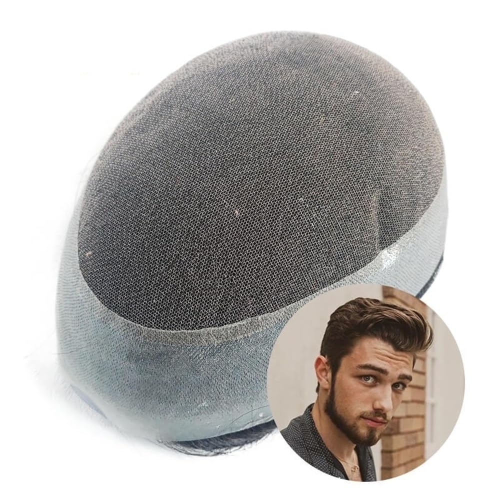 Men's Toupee Parrucca for uomo in capelli umani australiani con pizzo svizzero e pelle PU intorno, protesi for capelli maschili traspiranti(5x7)