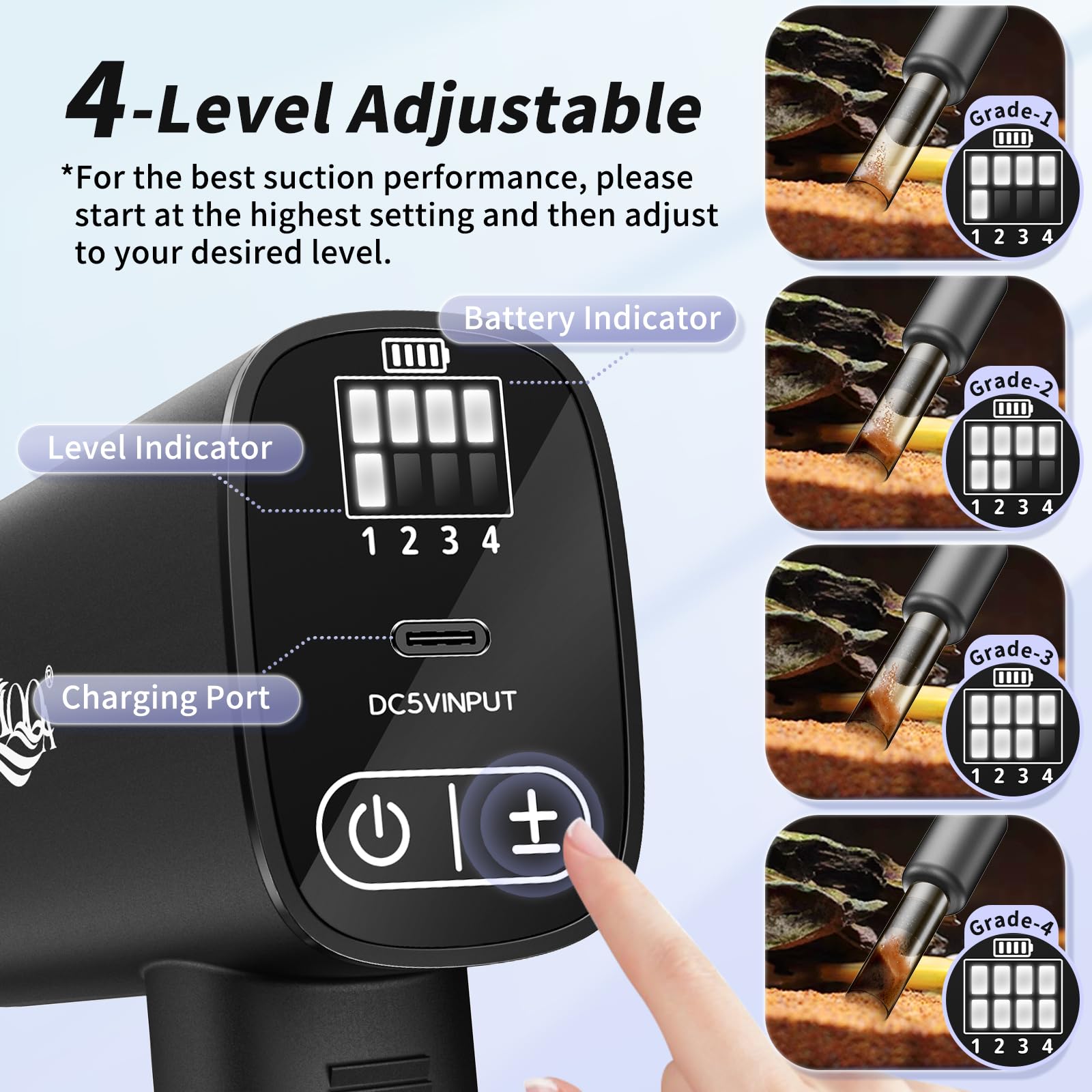 Pulitore per Acquario Elettrico Ricaricabile 8W, Aspiratore Gravita con 4 Livelli di Aspirazione Regolabili, Cambio Acqua Automatico, Rimozione Detriti e Lavaggio Sabbia per Acquari di Pesci
