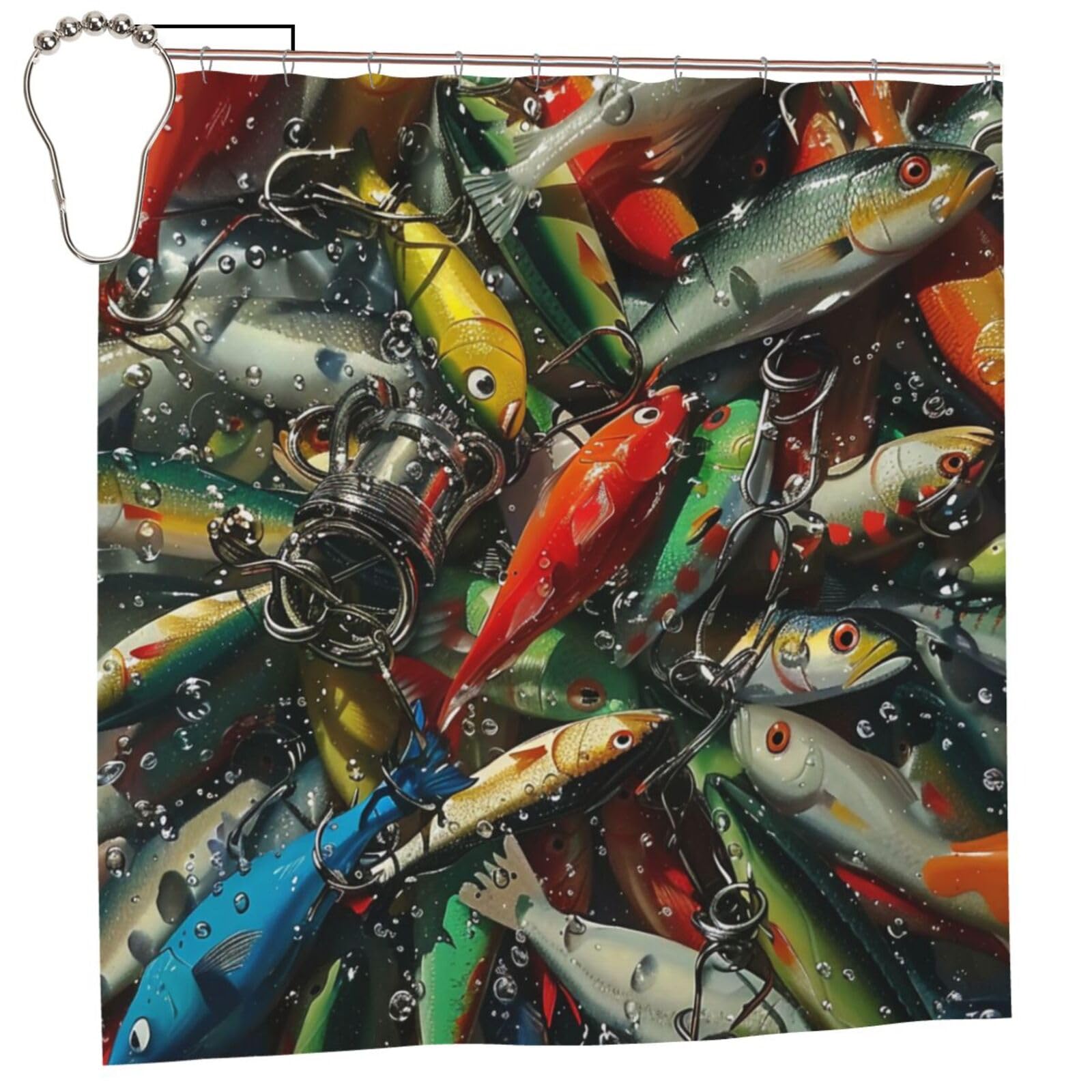 BWWHCCTI Fishing Bait Printed Shower Curtain With 12 Iron Hooks Opaque Quick Drying Waterproof Shower Curtains Sets For Bathroom 183x183 CM