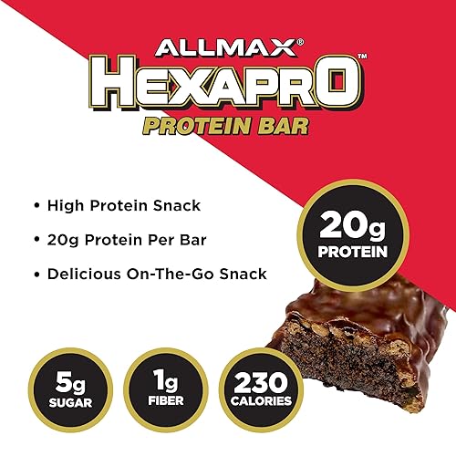 Miniatura 9 de ALLMAX HEXAPRO - Barra de proteínas, masa de galletas con chispas de chocolate, paquete de 12, aperitivo energético alto en proteínas, 0.71 oz de
