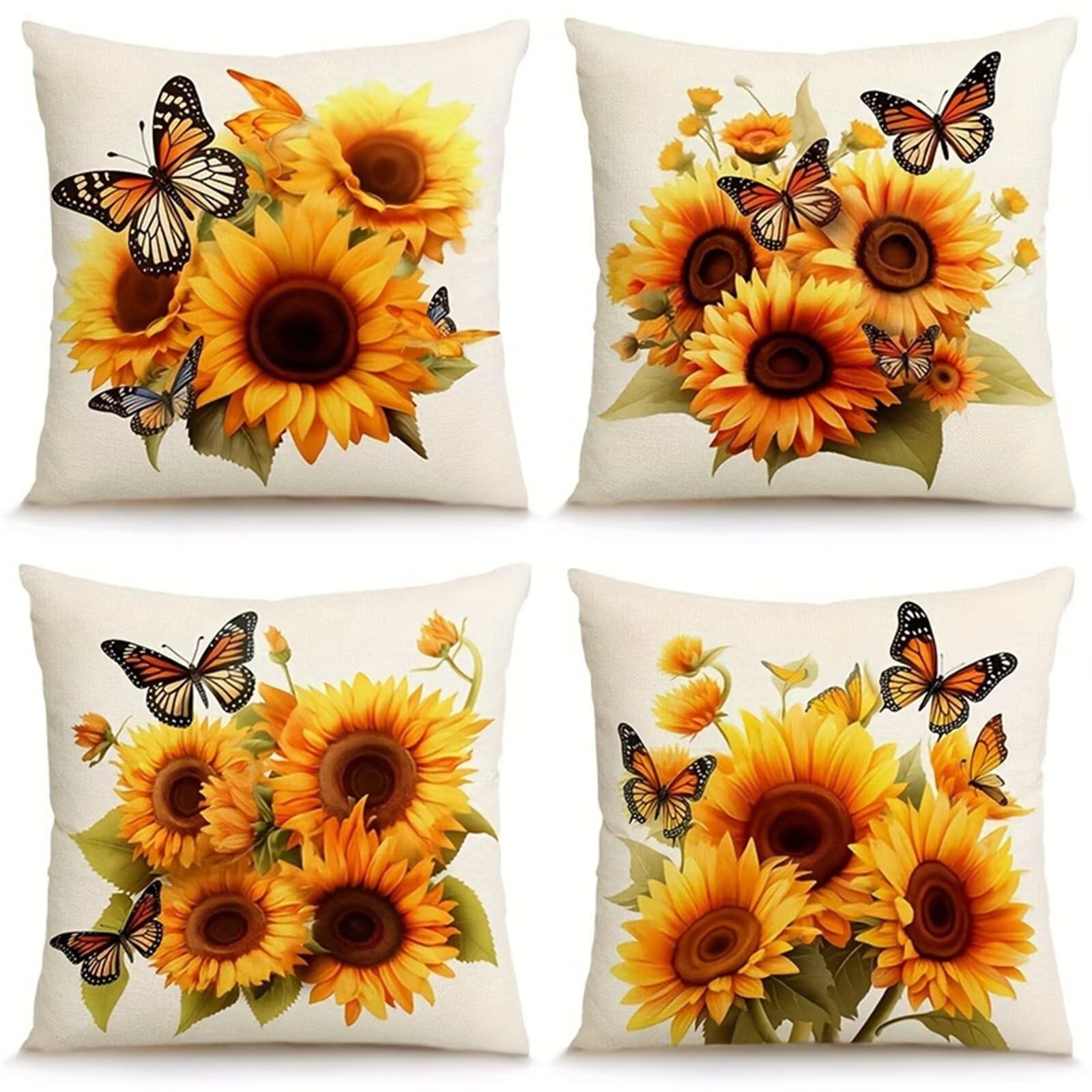 QiHon Cushion Covers 65x65 cm Set of 4 Butterfly Sunflowers Linen Square Pillow Cases 26x26 inch Modern Decorative Throw Pillow Covers for Sofa Couch Bedroom Home Office with Invisible Zipper
