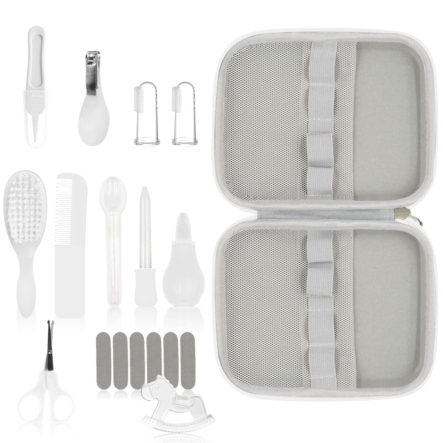 19 in 1 Baby Grooming Kit,Newborn Nursery Health Care Set Include Hair Brush Comb Finger Toothbrush,Nail Clippers,etc. for Infant Toddlers Boys Girls Kids,Baby Essentials (White) : Baby