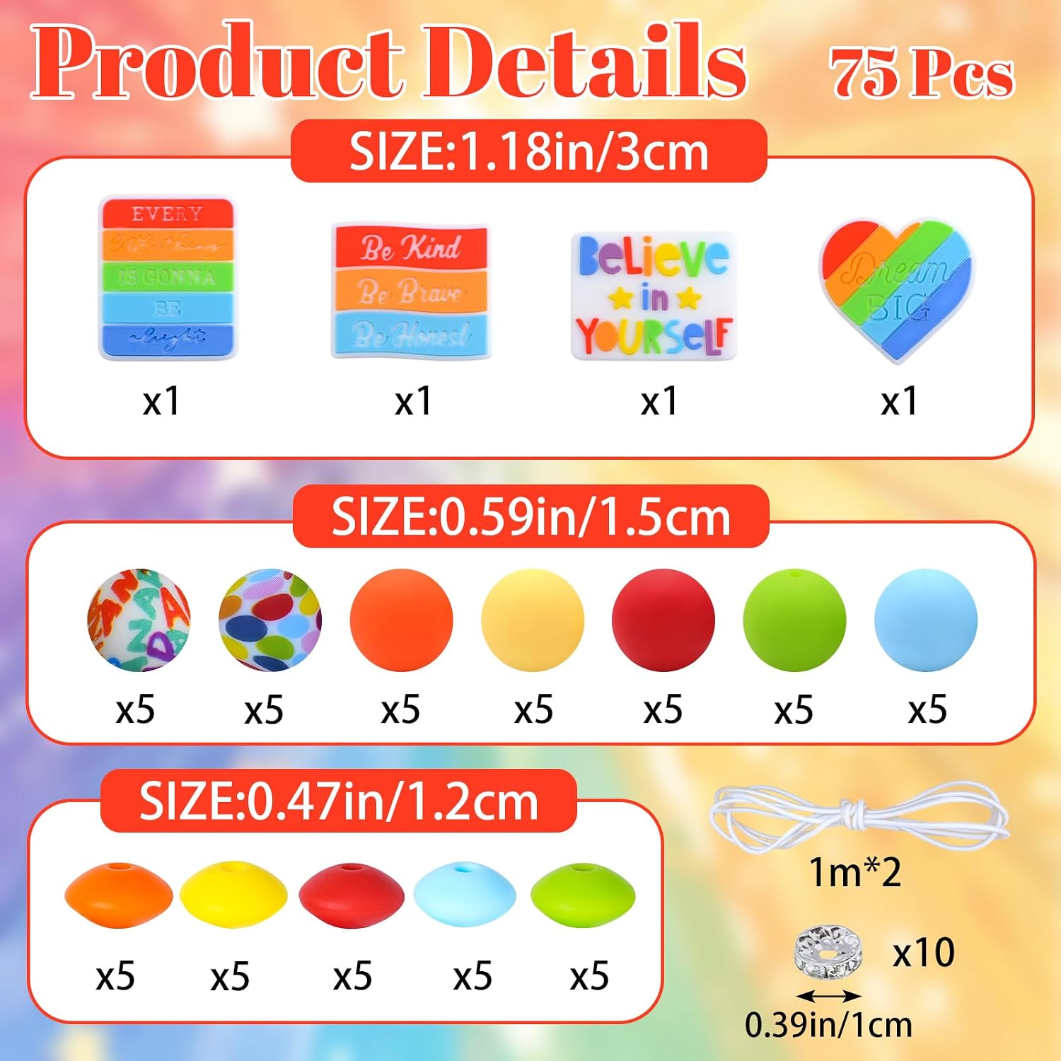 Colorful Silicone Beads Set,75Pcs Rainbow Theme Bulk Silicone Bead Irregular Spacer Beads for Choice of All Pride Bracelets Pride Month Craft image 2